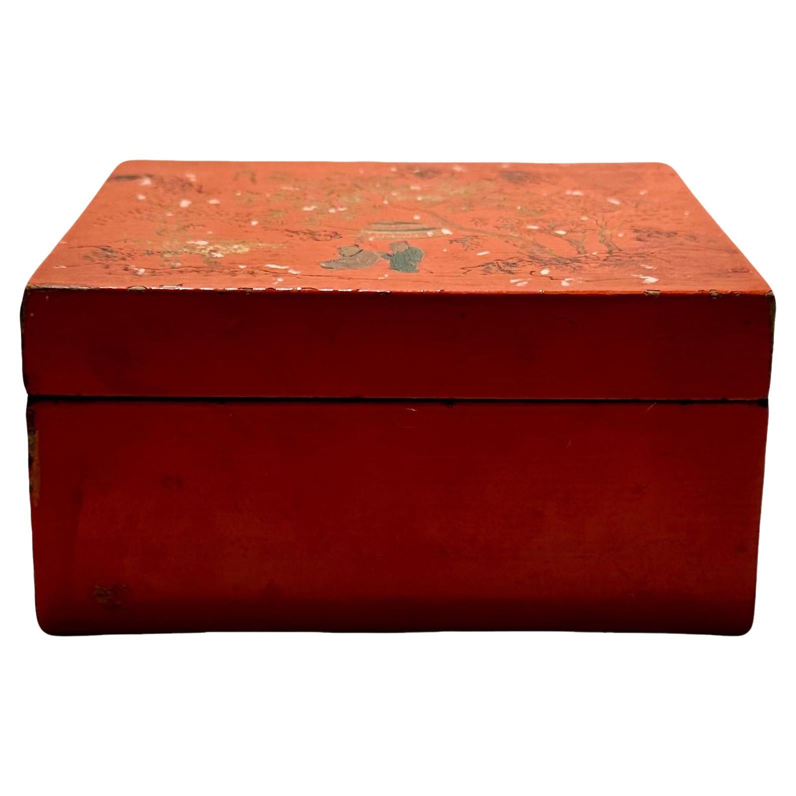 Caja de laca roja con escena de jardín chino Chino en venta