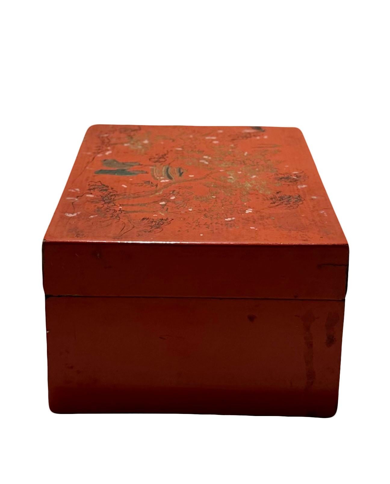 Caja de laca roja con escena de jardín chino en Bueno estado para la venta en Tampa, FL
