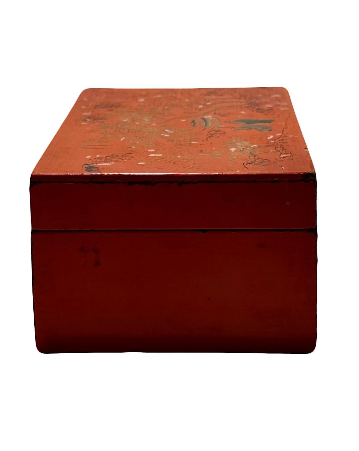 Caja de laca roja con escena de jardín chino principios del siglo XIX en venta