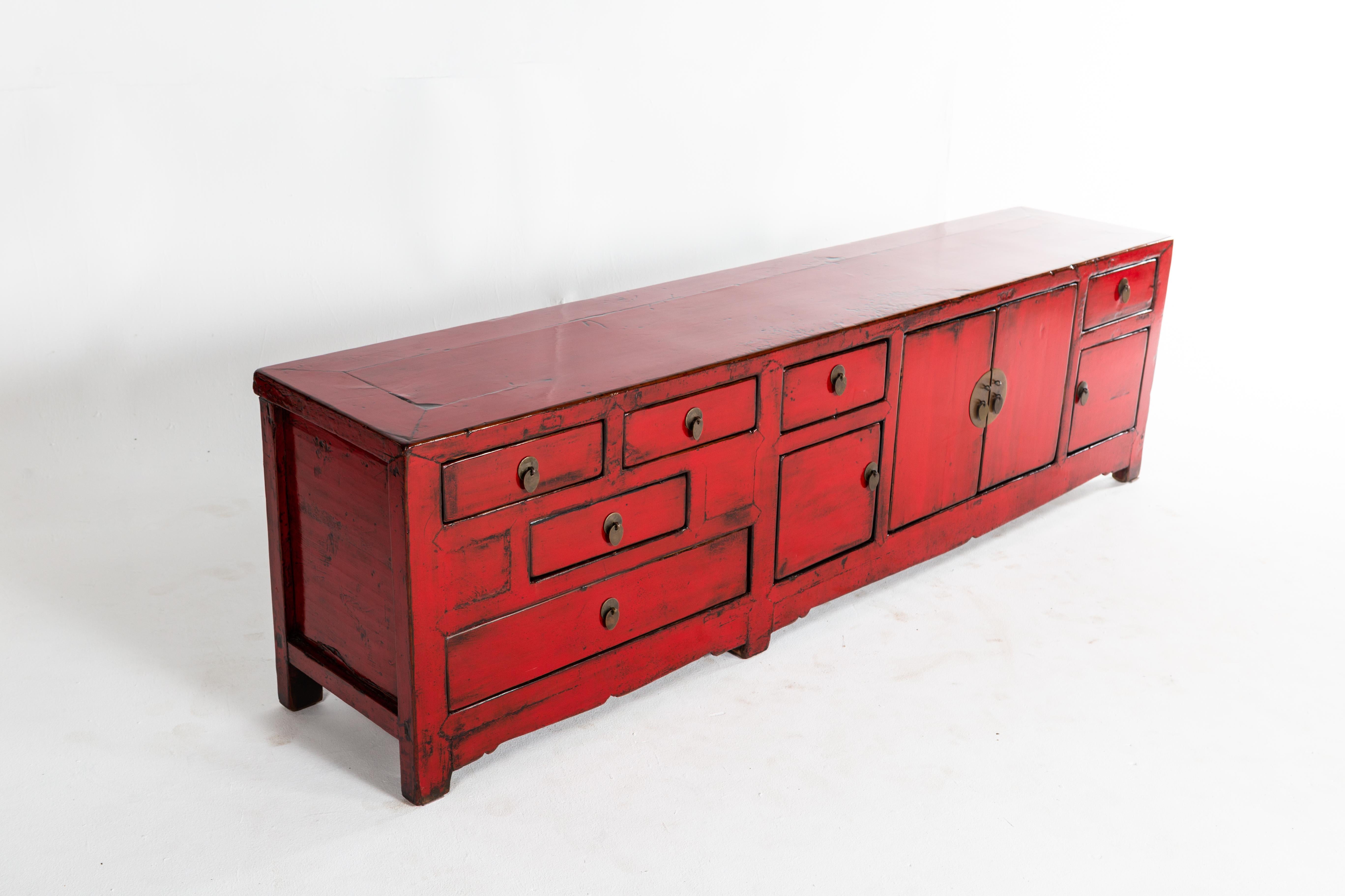 Red Chinese Kwang Chest with Four Doors and Six Drawers In Good Condition In Chicago, IL