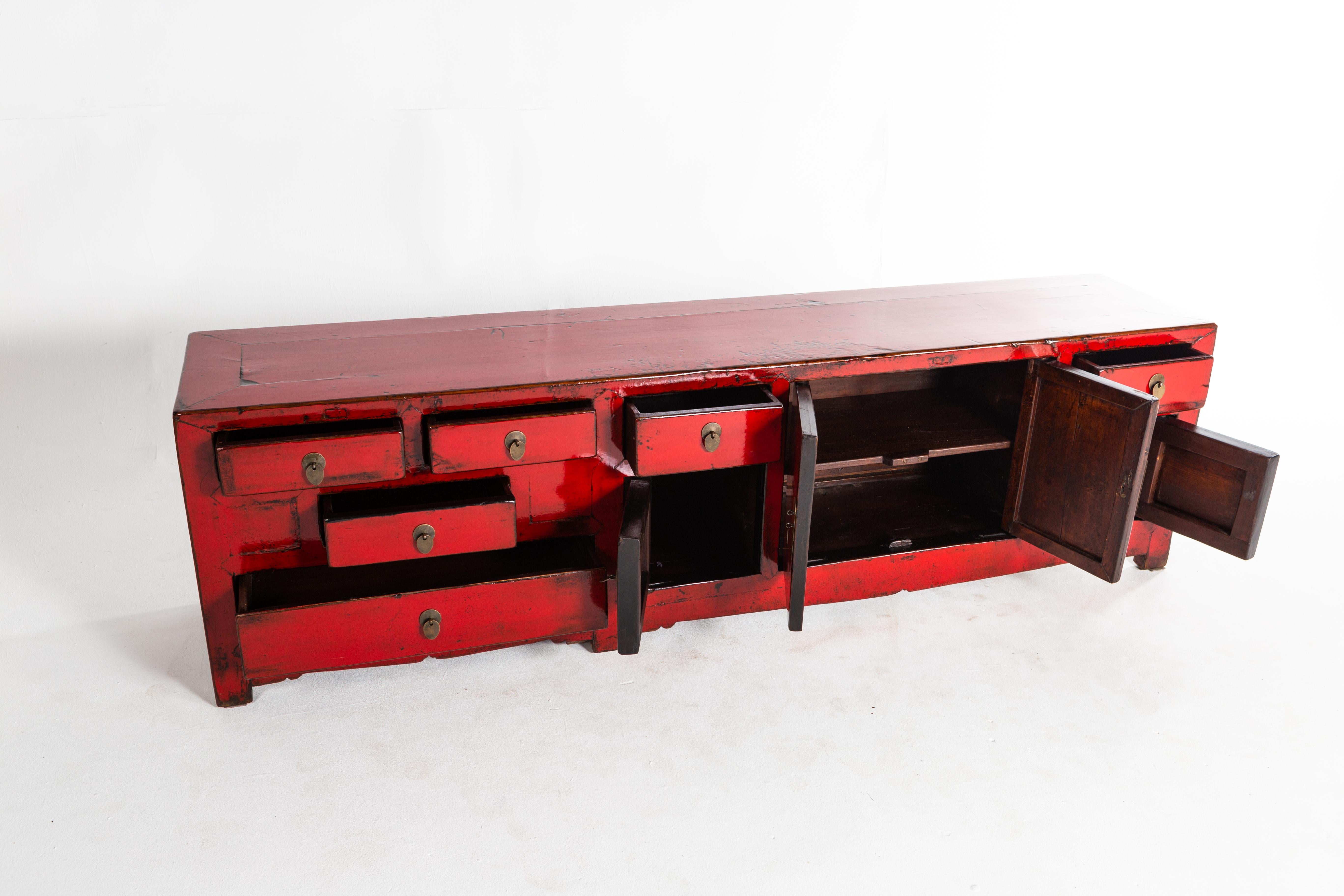 20th Century Red Chinese Kwang Chest with Four Doors and Six Drawers
