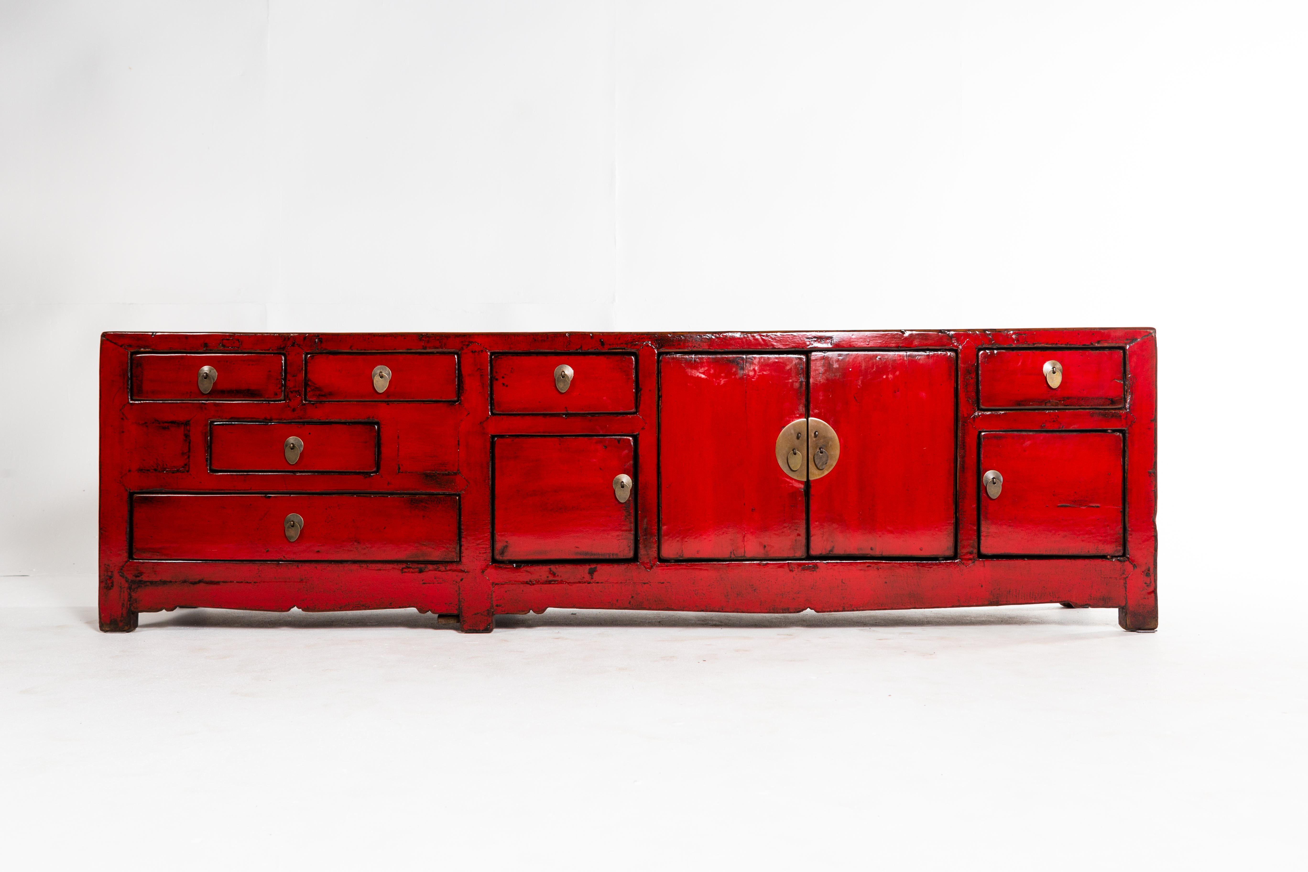 Elm Red Chinese Kwang Chest with Four Doors and Six Drawers