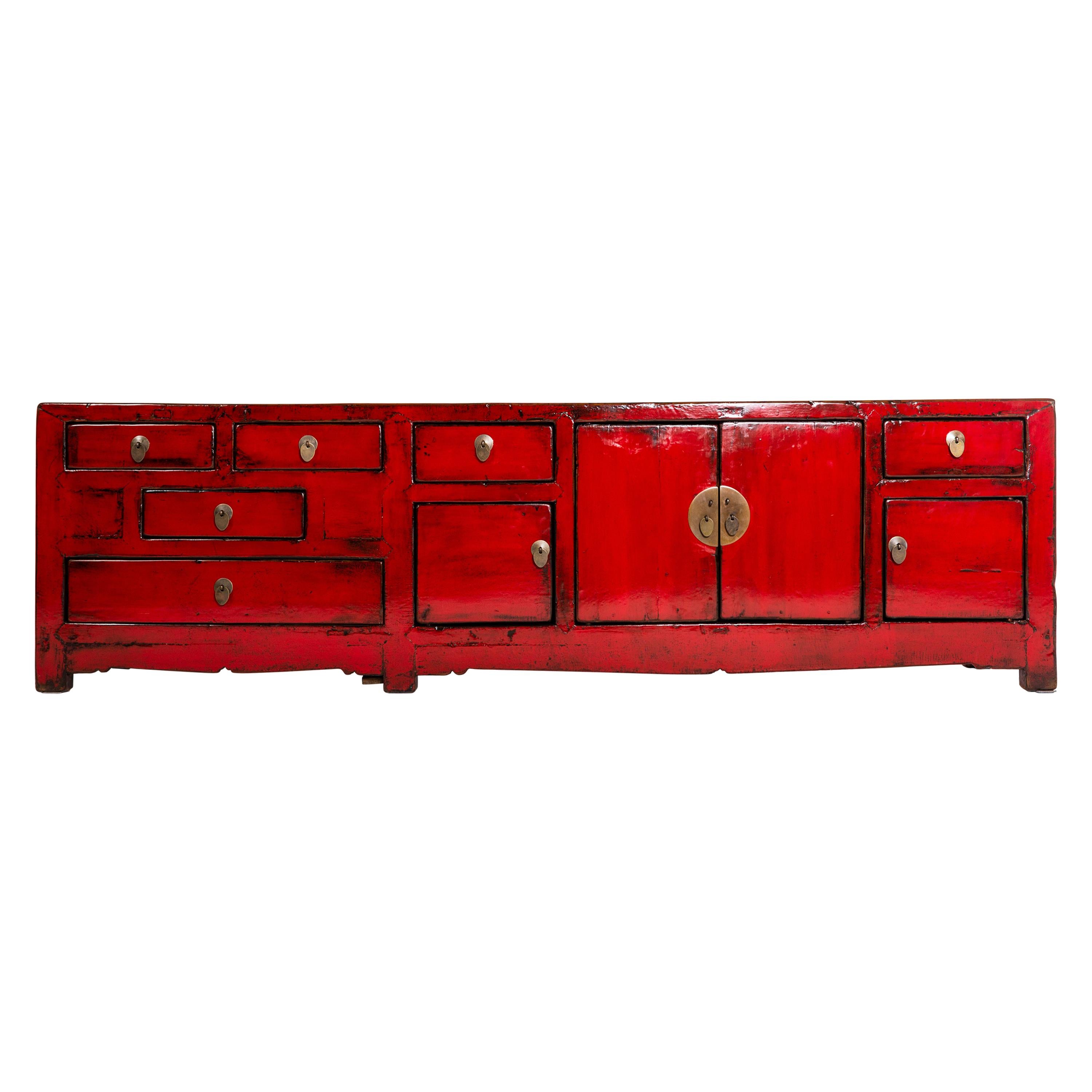 Red Chinese Kwang Chest with Four Doors and Six Drawers