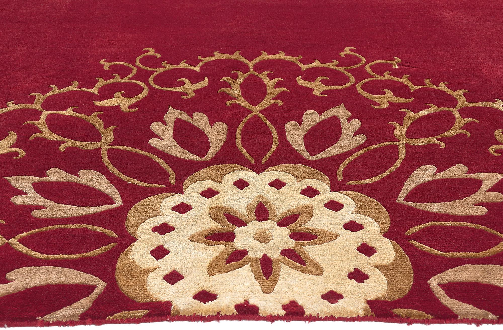 Hand-Knotted Red Chinese Manadala Rug, Feng Shui Meets Modern Asian Flair For Sale