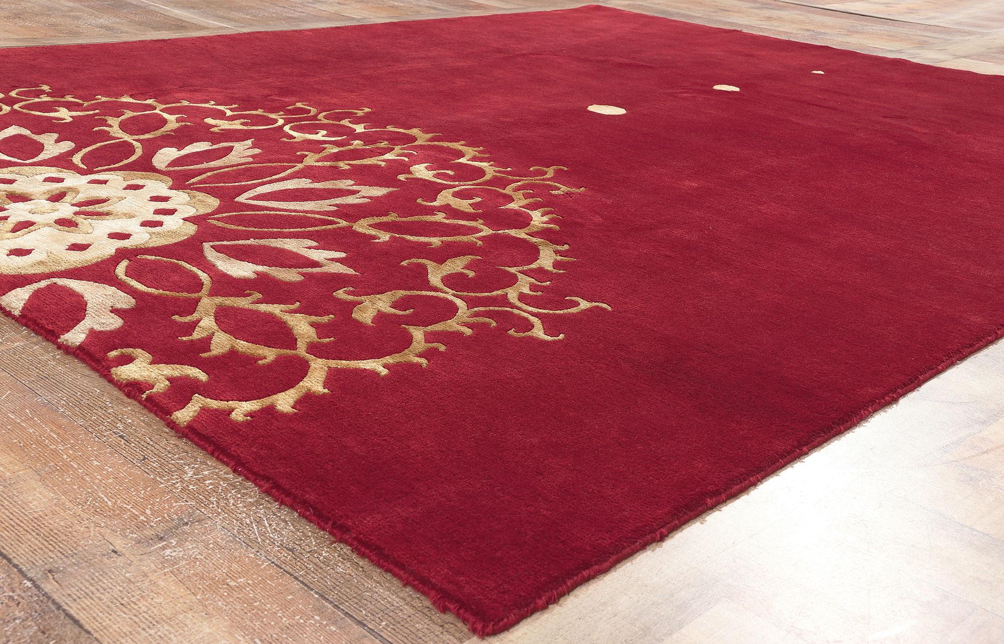 Wool Red Chinese Manadala Rug, Feng Shui Meets Modern Asian Flair For Sale