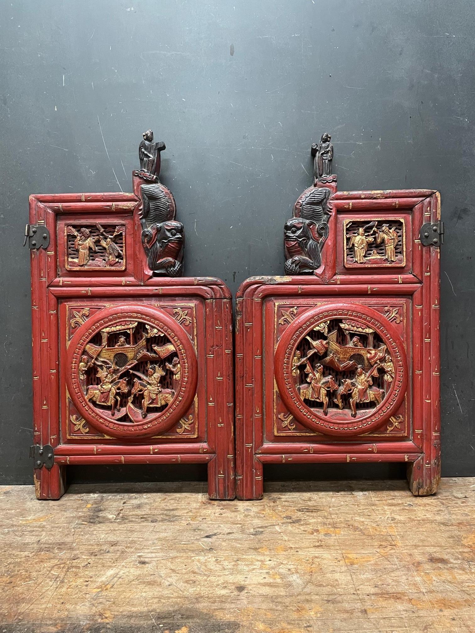 Removed Antique Asian Cabinet Doors. Heavily worn corners and edges, missing finish. One door has only a single hinge remaining.

W 14 5/8 x H 26 5/8 x D 2 in.
 