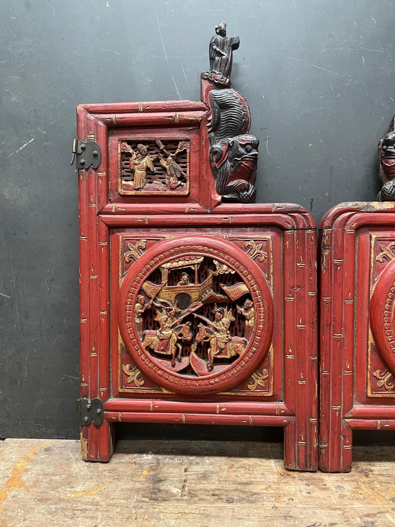 Chinese Export Red Chinese Temple Doors Lacquered Architectural Panels With Foo Dogs Wall Art  For Sale