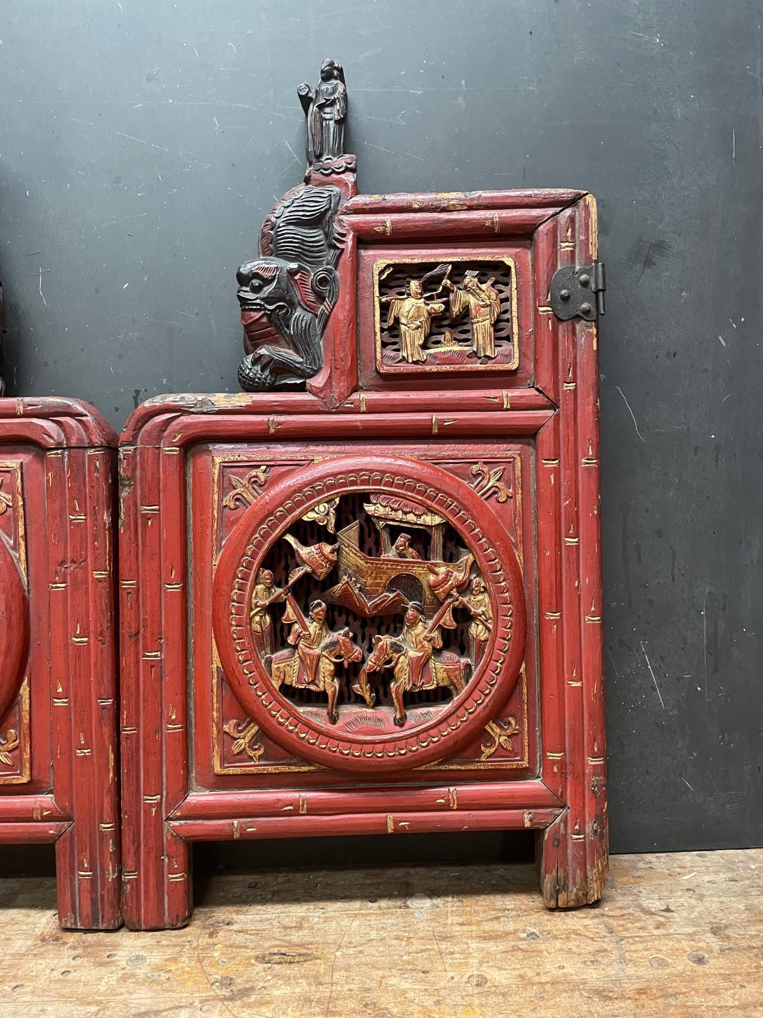 Hand-Painted Red Chinese Temple Doors Lacquered Architectural Panels With Foo Dogs Wall Art  For Sale