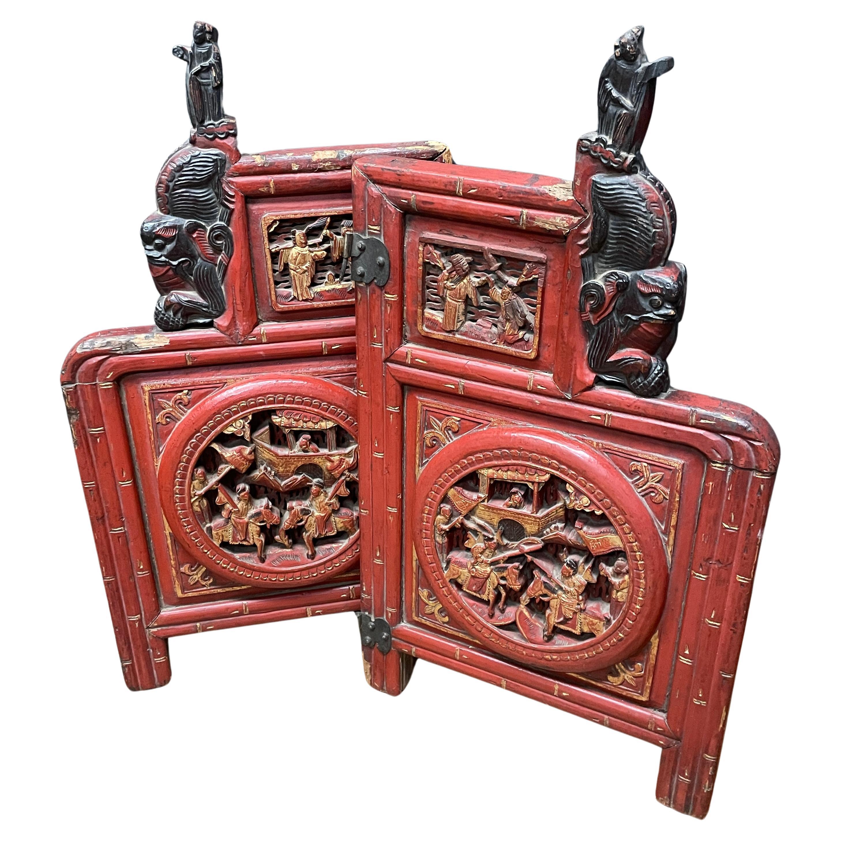 Red Chinese Temple Doors Lacquered Architectural Panels With Foo Dogs Wall Art  For Sale
