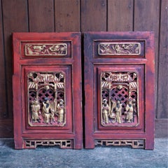 Red Chinese Wedding Doors Shutters Wall Art Rustic Red Lacquered Gilt Sculpture