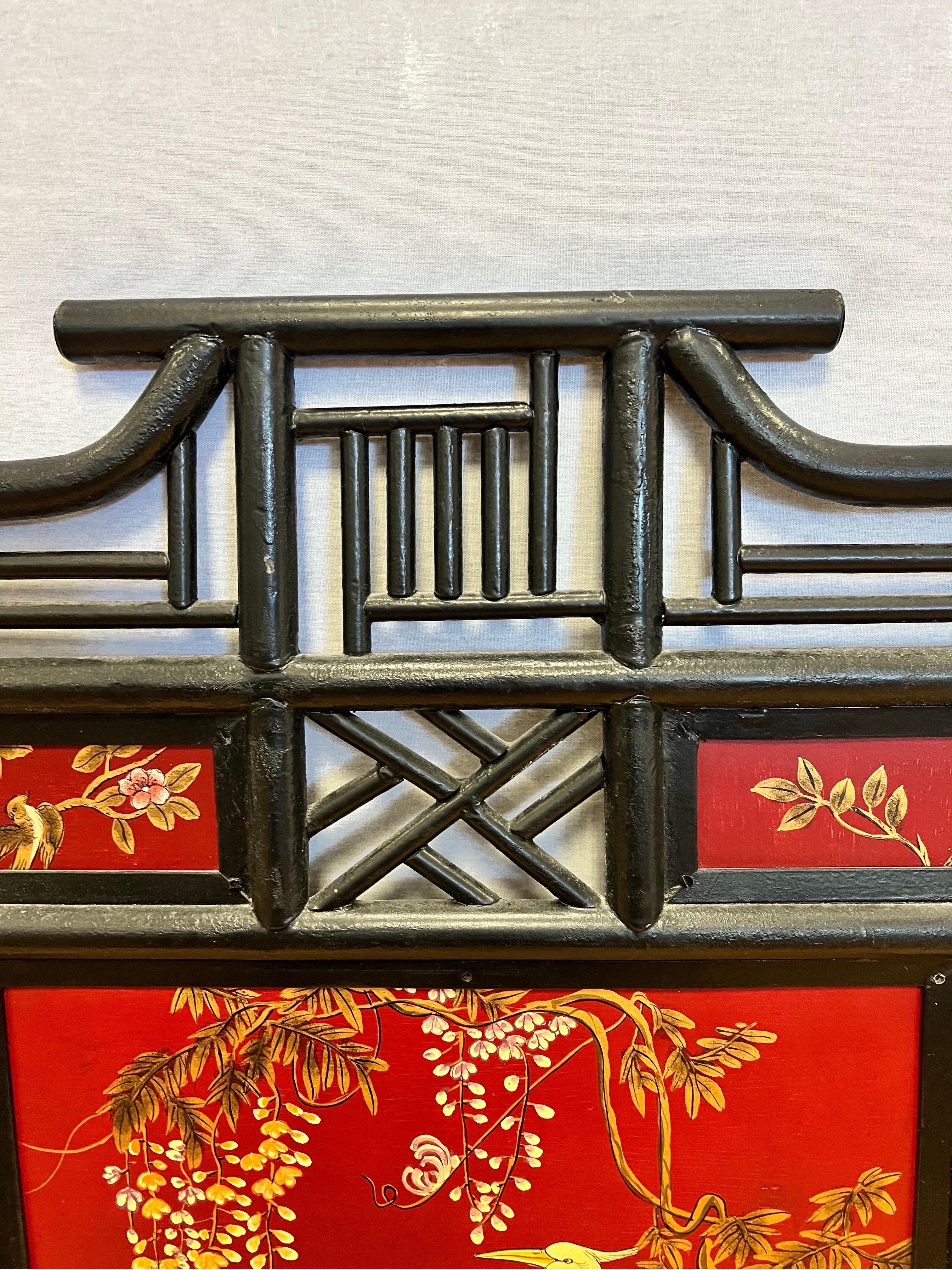 Red Chinoiserie Bamboo Handpainted Fireplace Screen In Good Condition In West Hartford, CT
