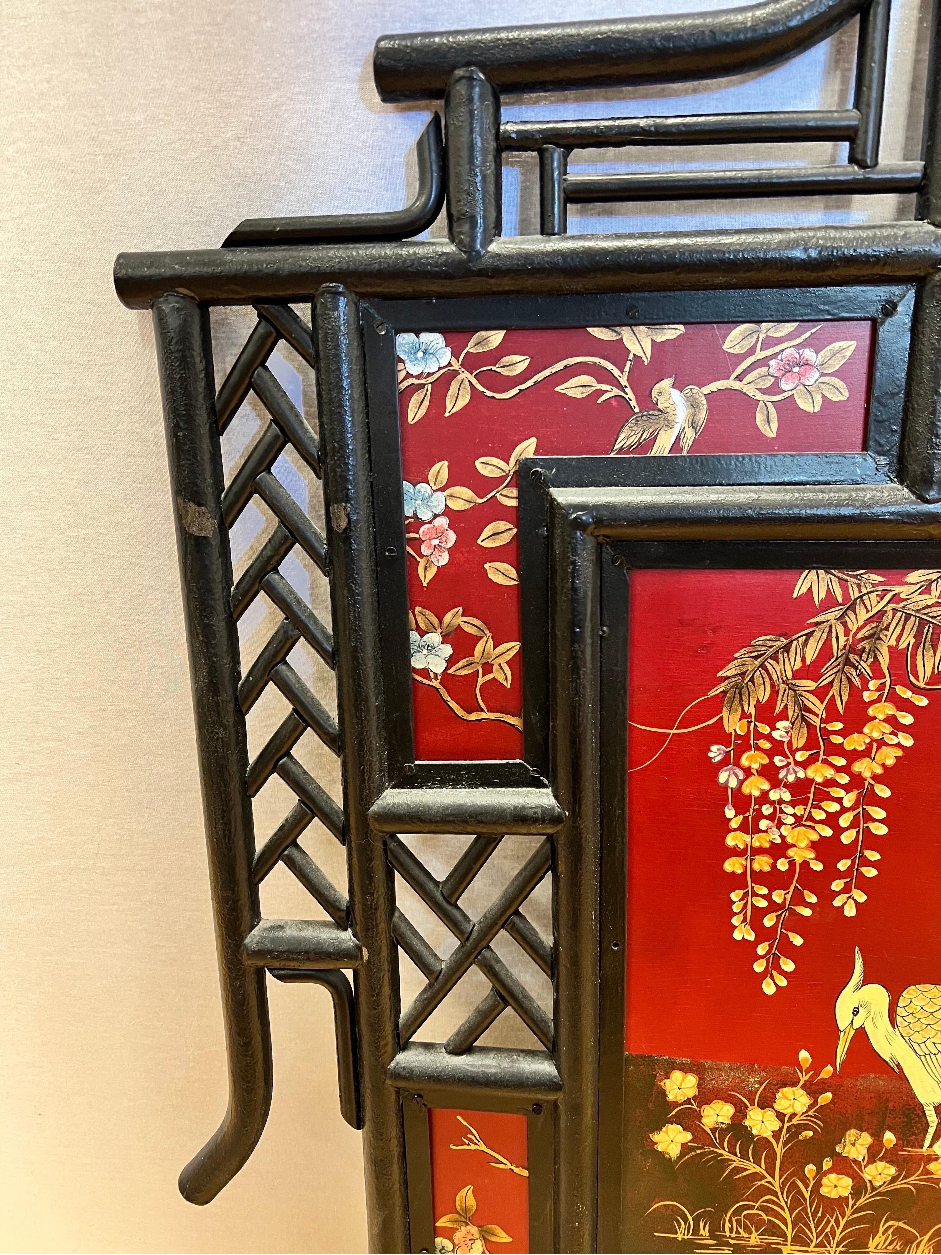 20th Century Red Chinoiserie Bamboo Handpainted Fireplace Screen