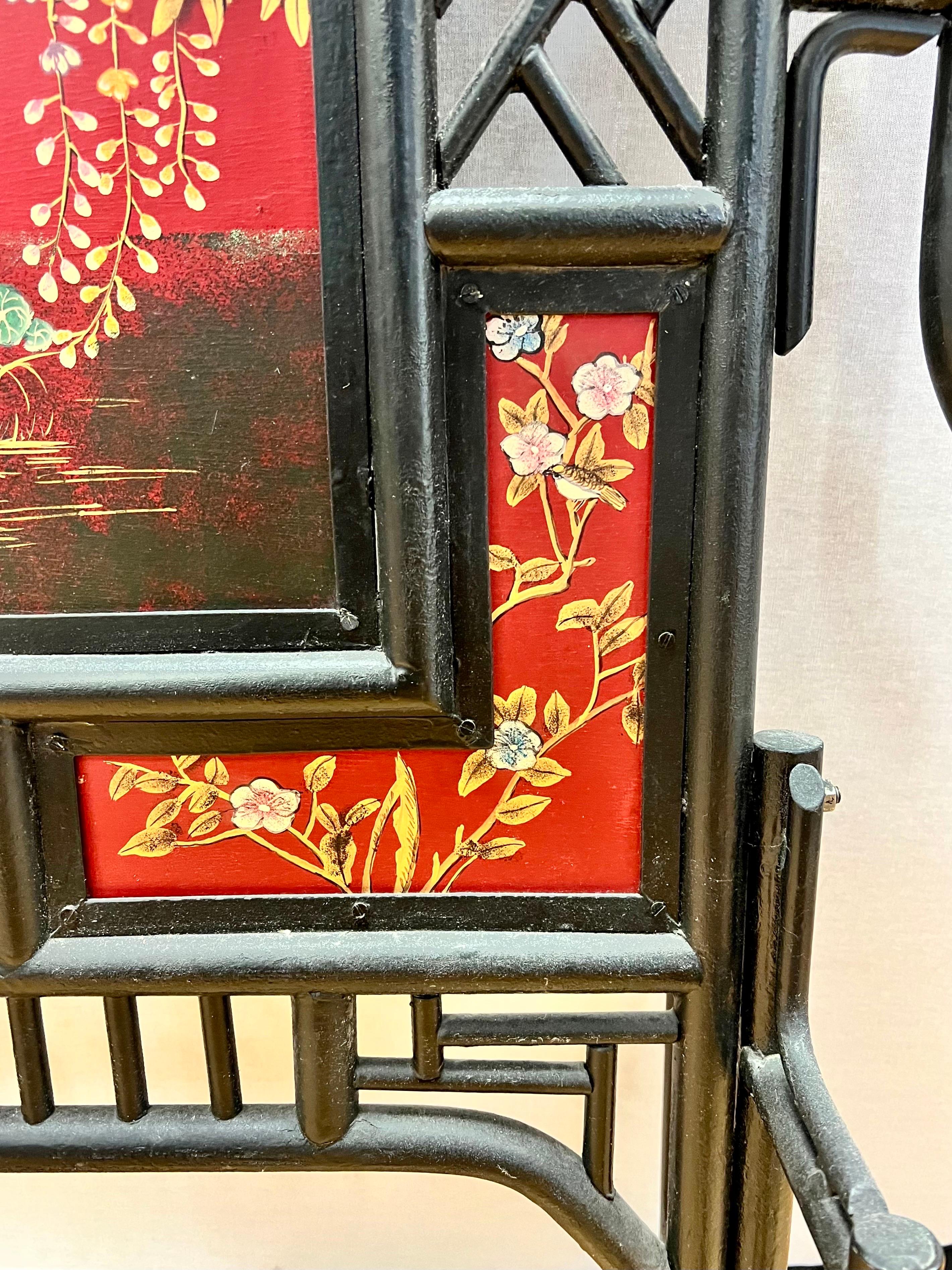 Red Chinoiserie Bamboo Handpainted Fireplace Screen 2