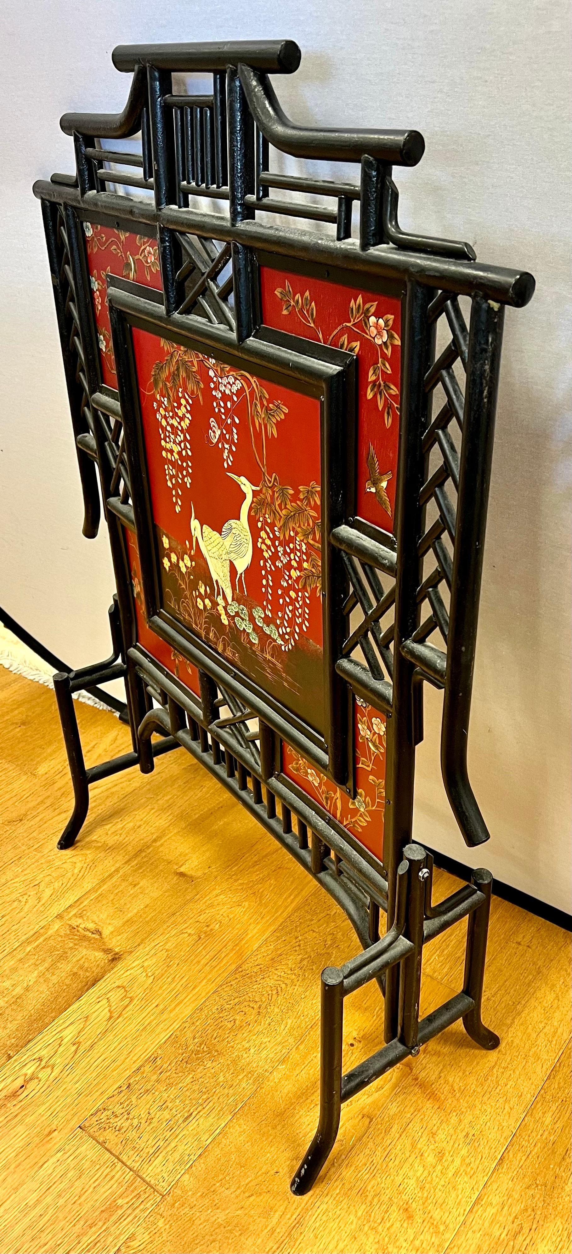 Red Chinoiserie Bamboo Handpainted Fireplace Screen 5