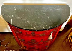 Red Chinoiserie Demilune Bow Front Marble Top Dry Bar Cabinet Buffet