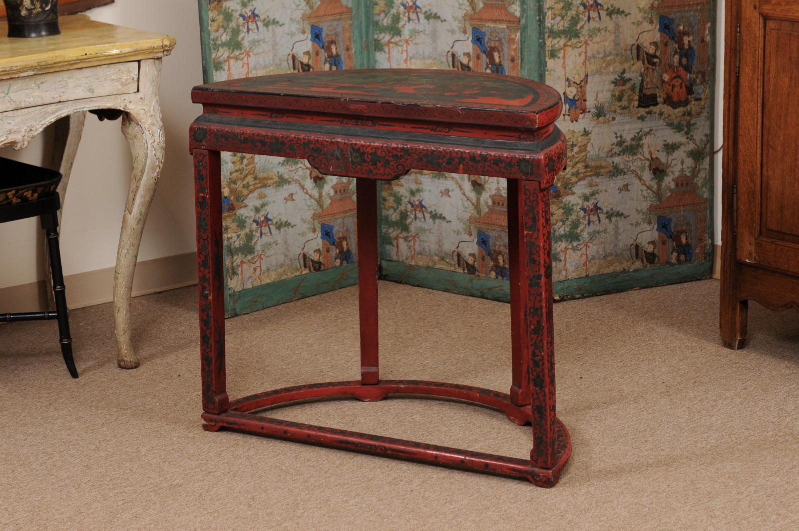 Red Chinoiserie Demilune Console Table, 19th Century, China For Sale 4