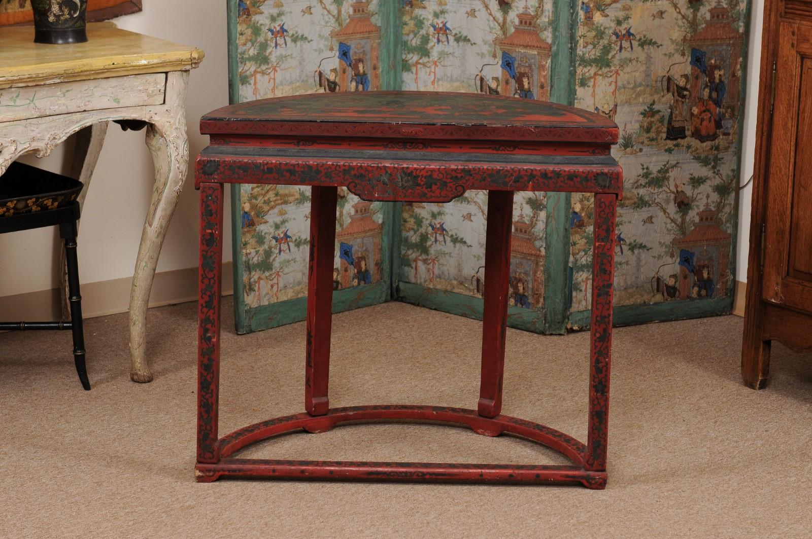 Red Chinoiserie Demilune Console Table, 19th Century, China For Sale 5