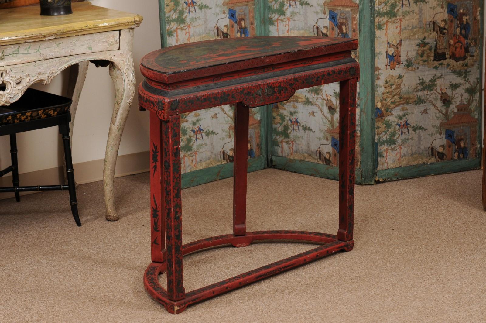 Red Chinoiserie Demilune Console Table, 19th Century, China For Sale 6