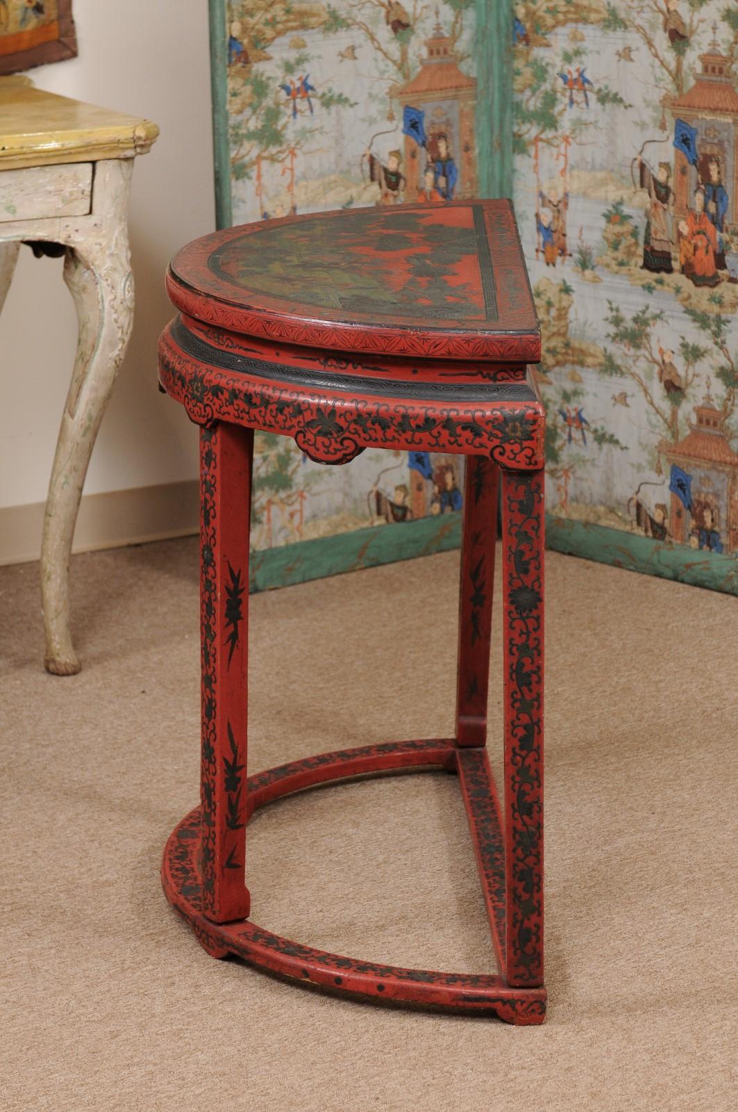 Red Chinoiserie Demilune Console Table, 19th Century, China For Sale 7
