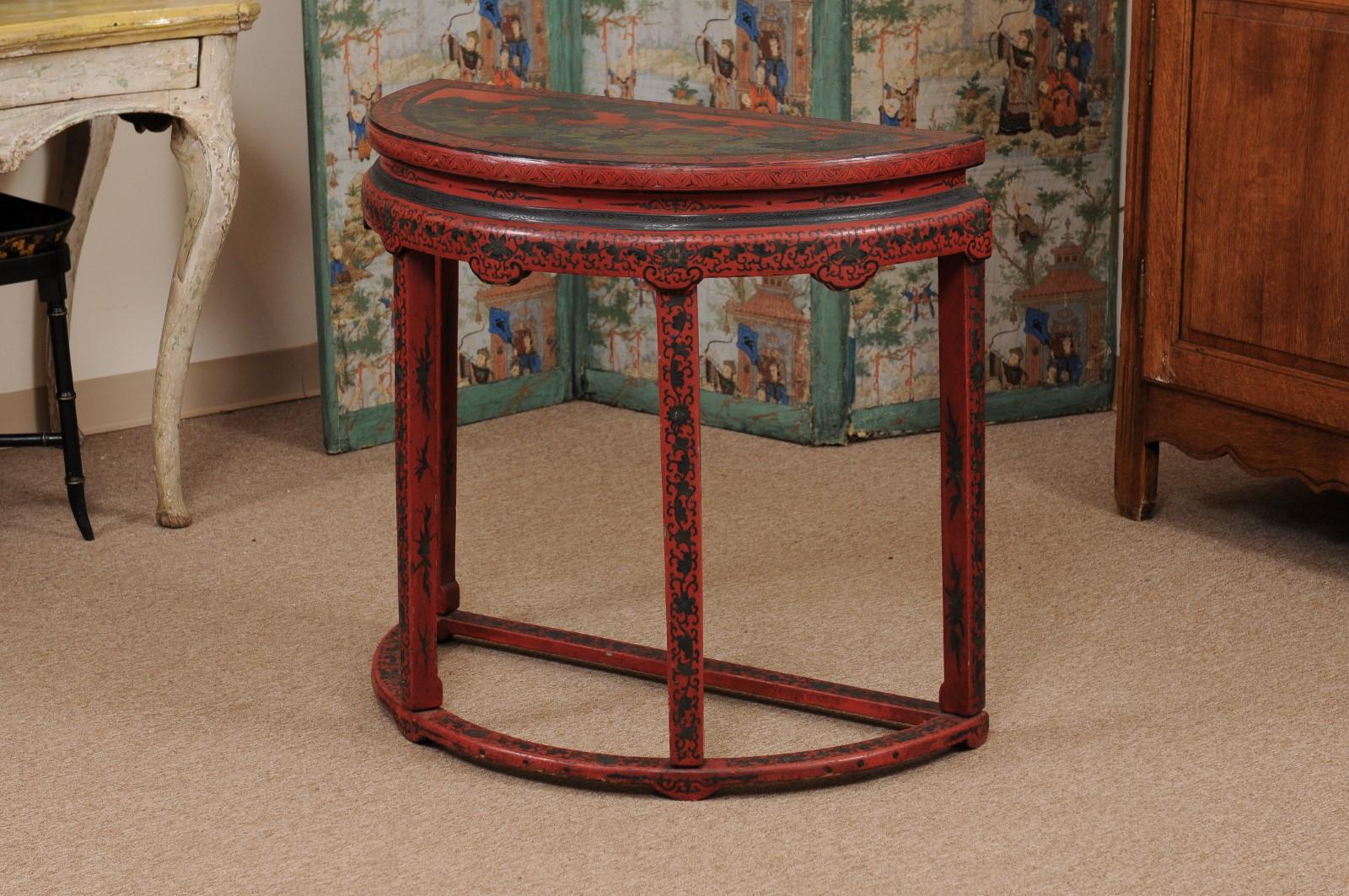 Red Chinoiserie Demilune Console Table, 19th Century, China For Sale 8