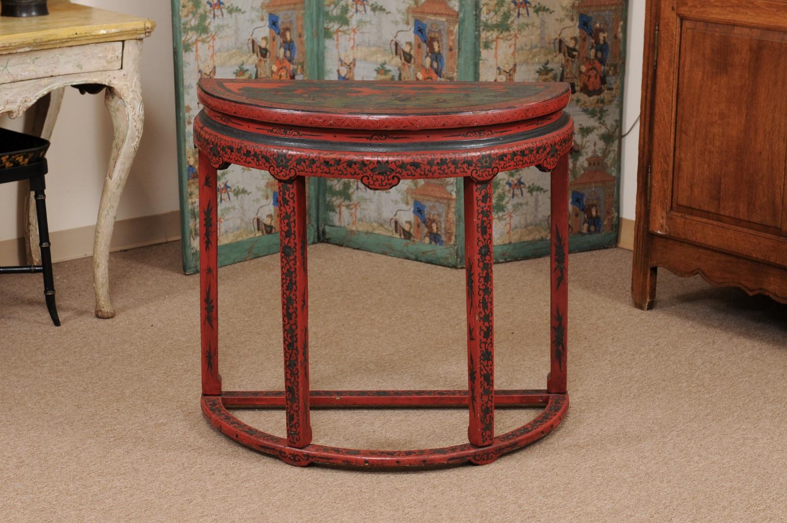 Red Chinoiserie Demilune Console Table, 19th century, China.