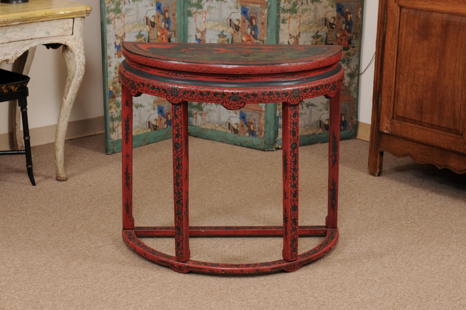 Chinese Red Chinoiserie Demilune Console Table, 19th Century, China For Sale