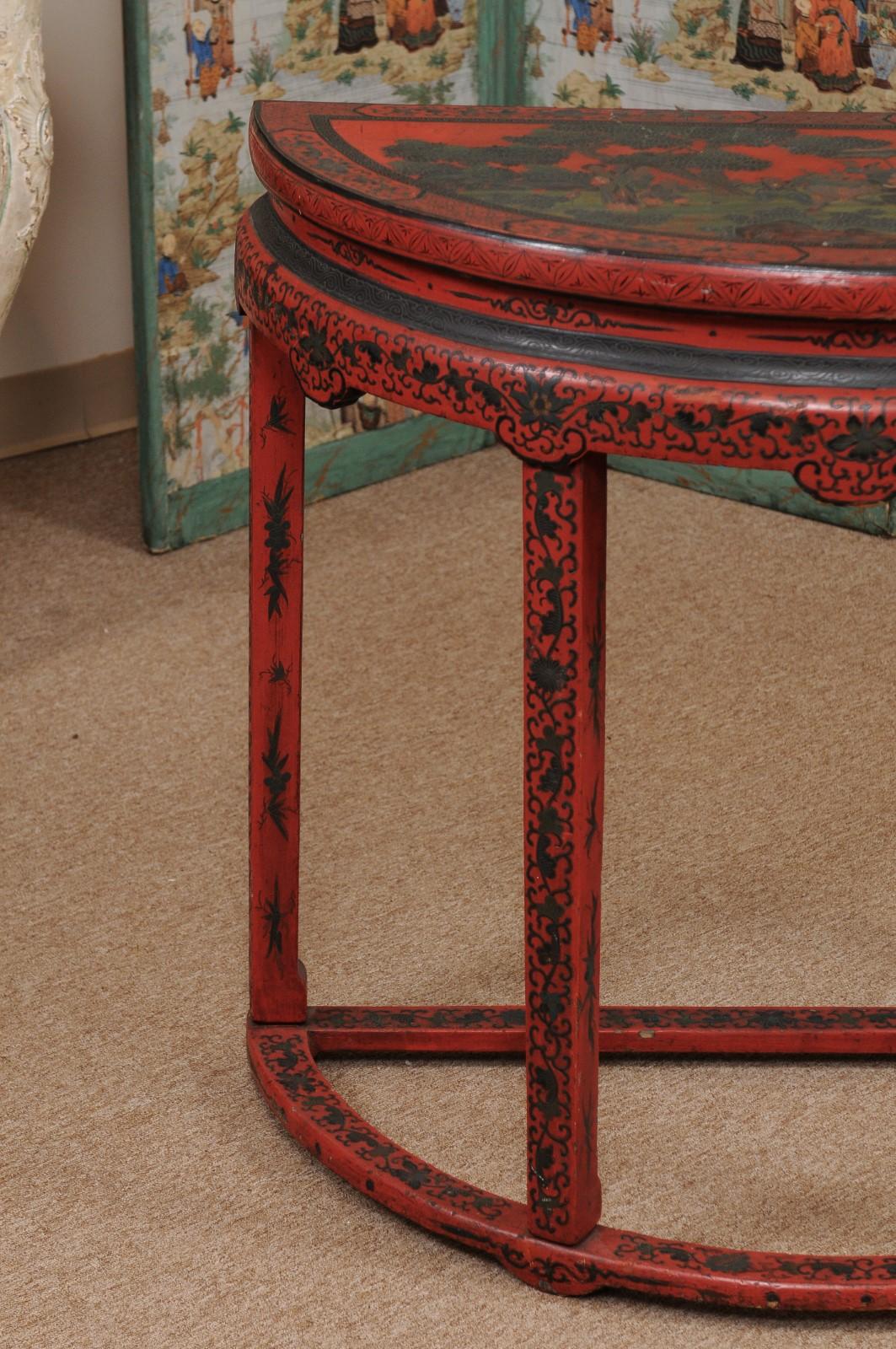Laqué Table console Demilune en chinoiserie rouge, Chine du XIXe siècle en vente