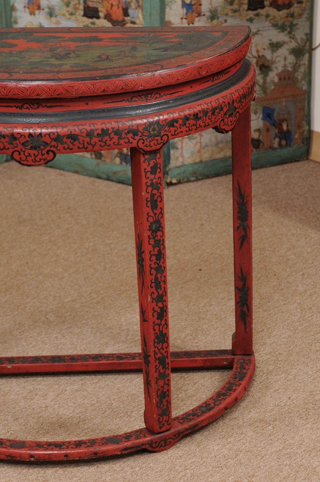 Wood Red Chinoiserie Demilune Console Table, 19th Century, China For Sale