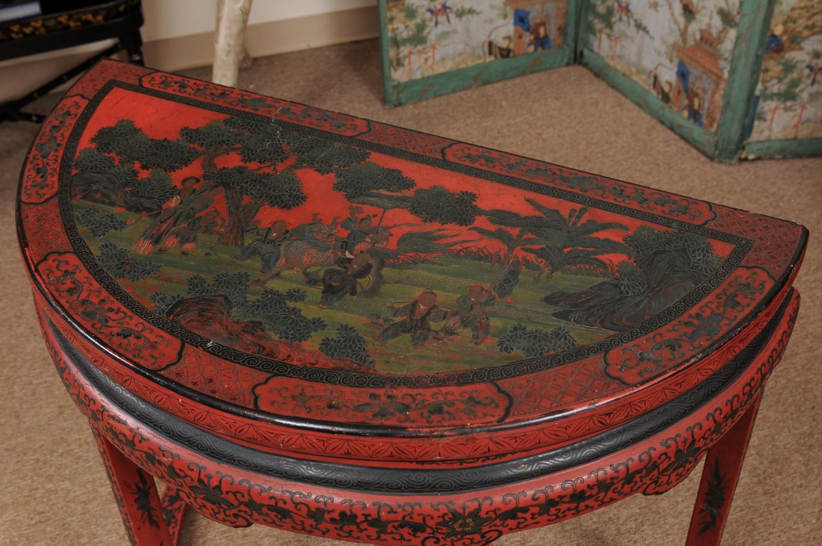 Bois Table console Demilune en chinoiserie rouge, Chine du XIXe siècle en vente