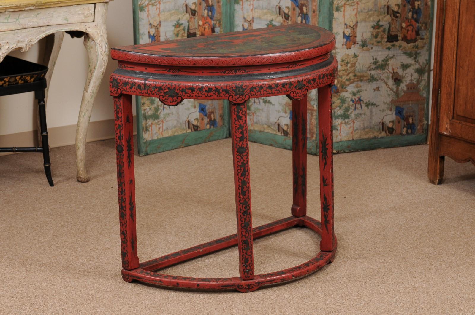 Red Chinoiserie Demilune Console Table, 19th Century, China For Sale 2