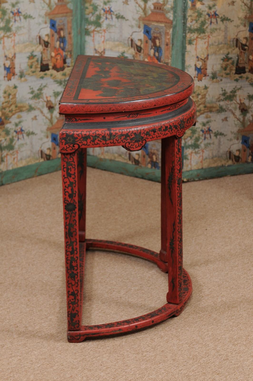 Red Chinoiserie Demilune Console Table, 19th Century, China For Sale 3