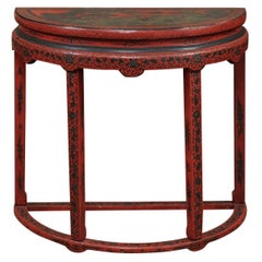 Mesa Consola Demilune de Chinoiserie Roja, Siglo XIX China