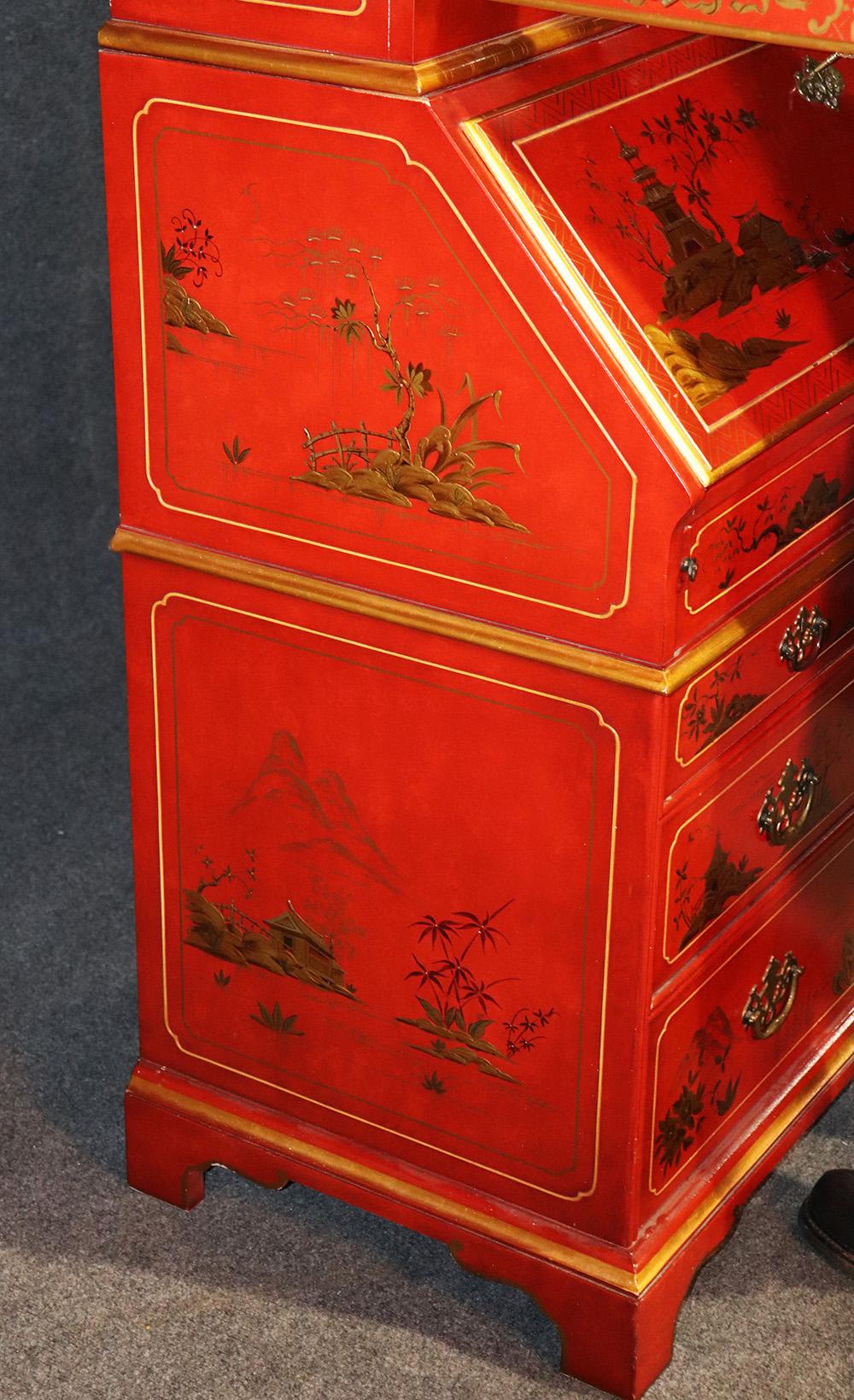 American Red Chinoiserie Japanned Painted Lacquer Tombstone Mirrored Secretary Desk