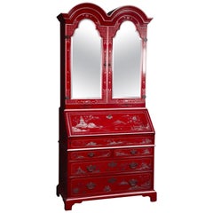 Red Chinoiserie Japanned Painted Lacquer Tombstone Mirrored Secretary Desk
