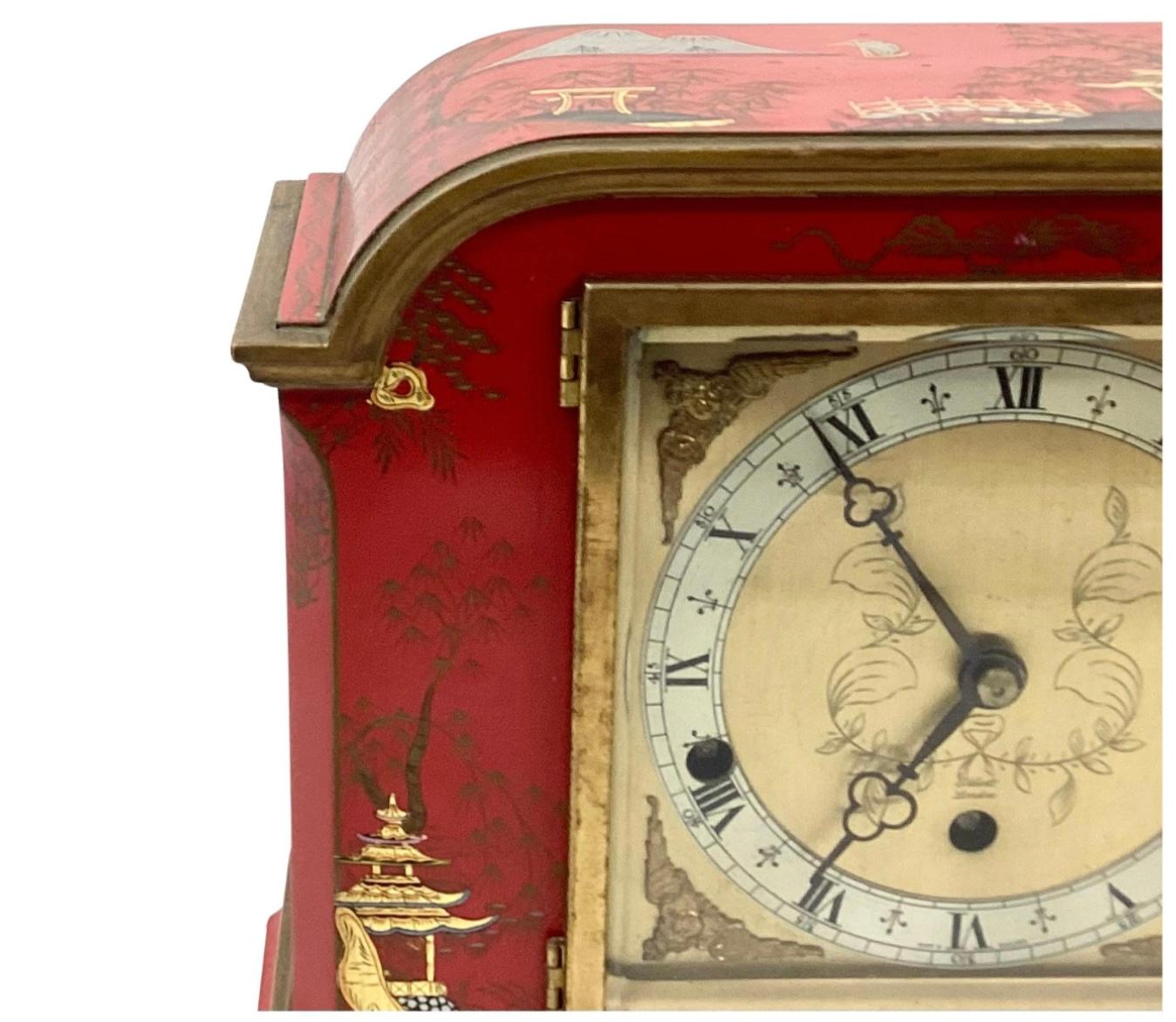 English Red Chinoiserie Mantel Clock