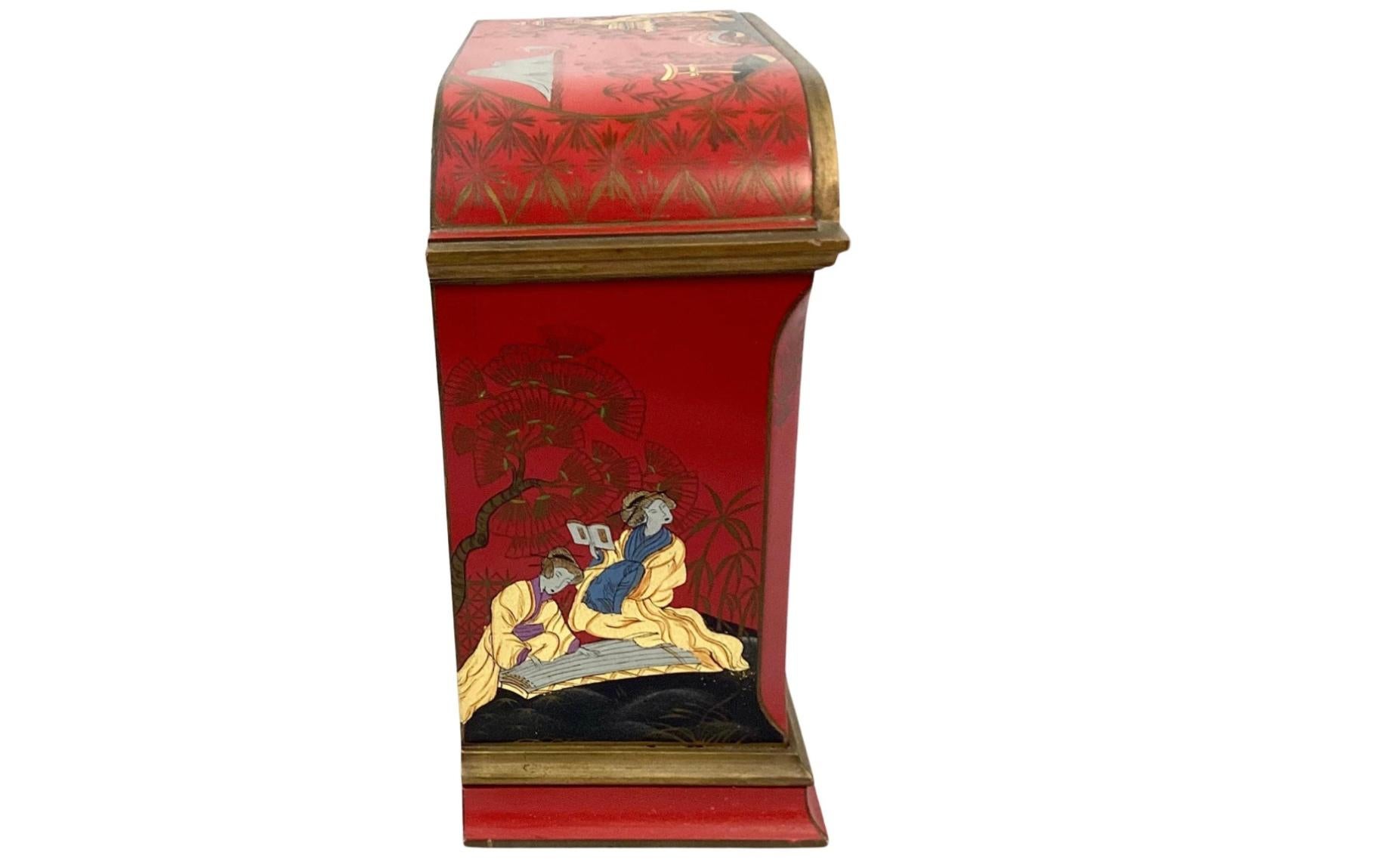 Brass Red Chinoiserie Mantel Clock