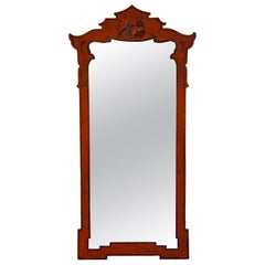 Red Chinoiserie Mirror with Painted Pagoda Crest