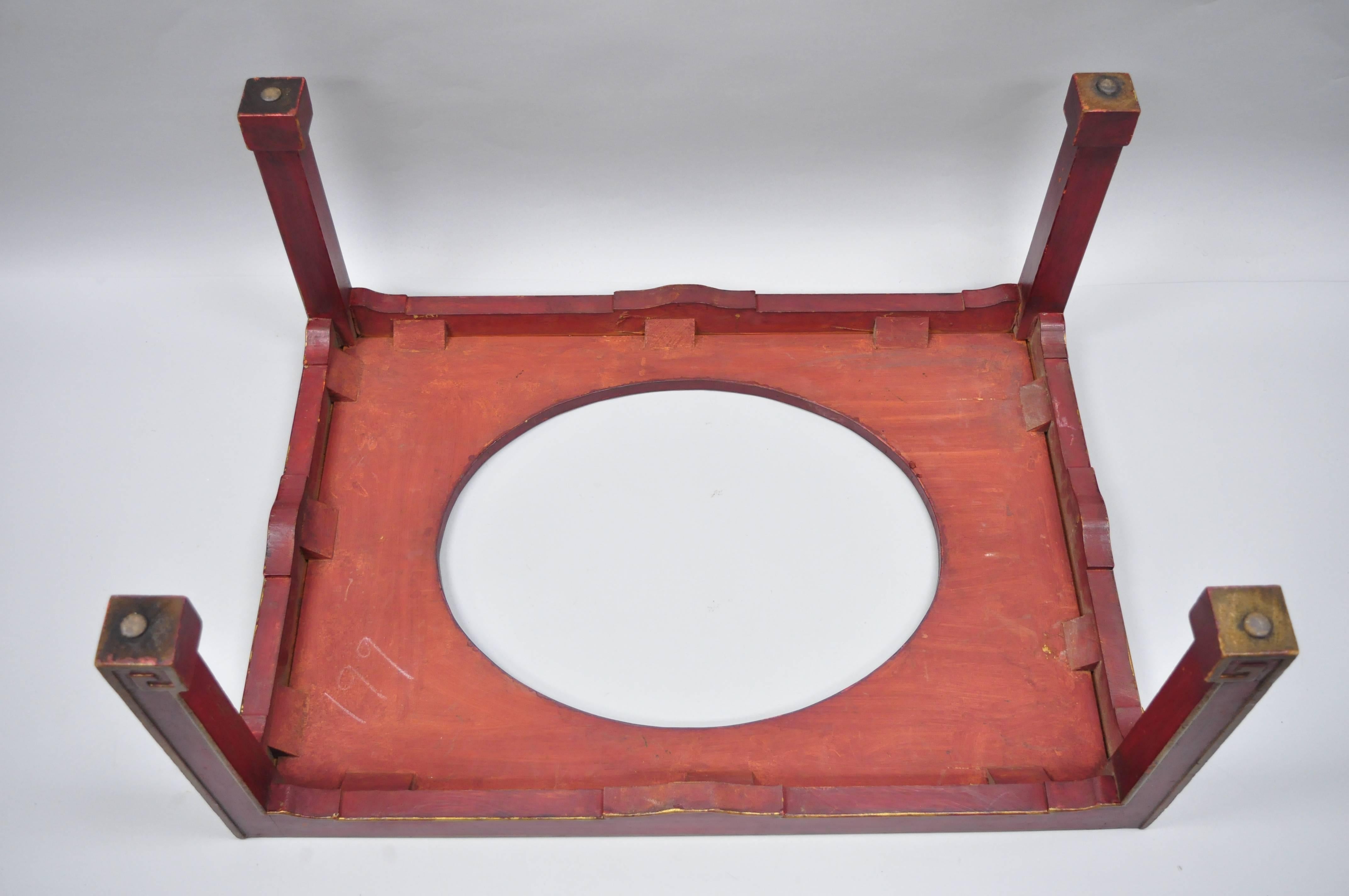 Red Chinoiserie Oriental Coffee Table with Removable Tole Metal Serving Tray For Sale 3