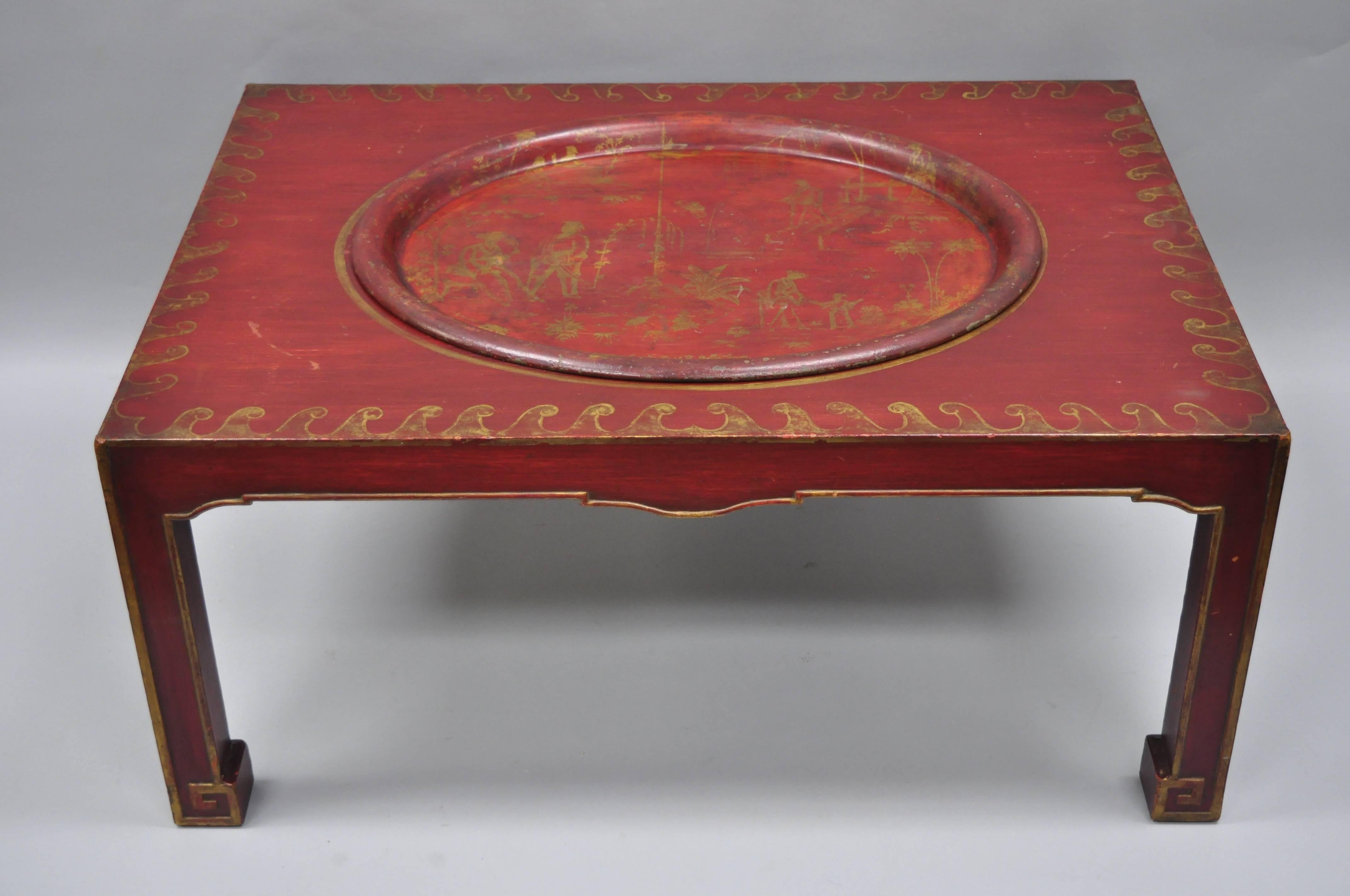 Red Chinoiserie Oriental Coffee Table with Removable Tole Metal Serving Tray For Sale 4