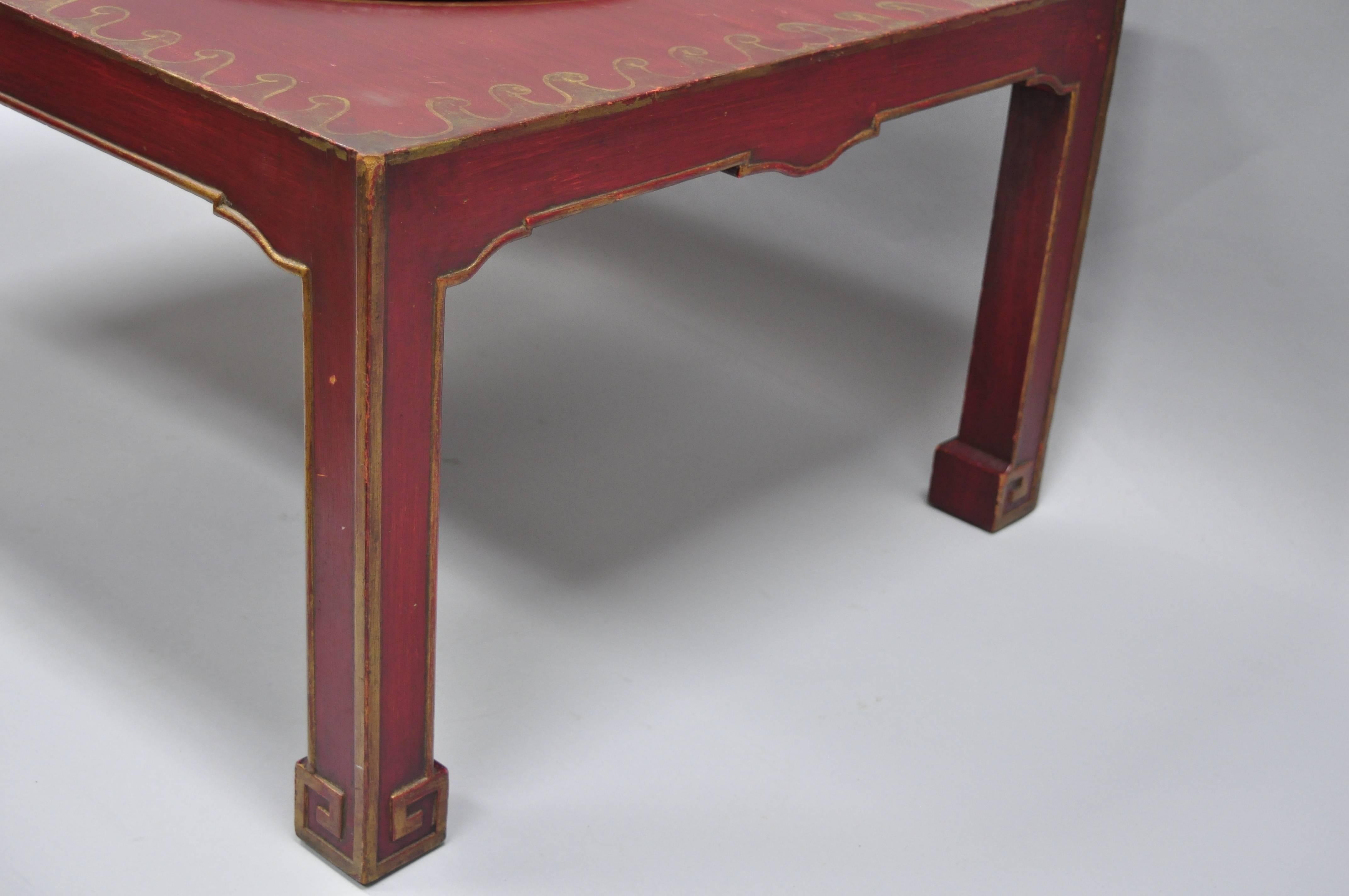 Red Chinoiserie Oriental Coffee Table with Removable Tole Metal Serving Tray In Good Condition For Sale In Philadelphia, PA
