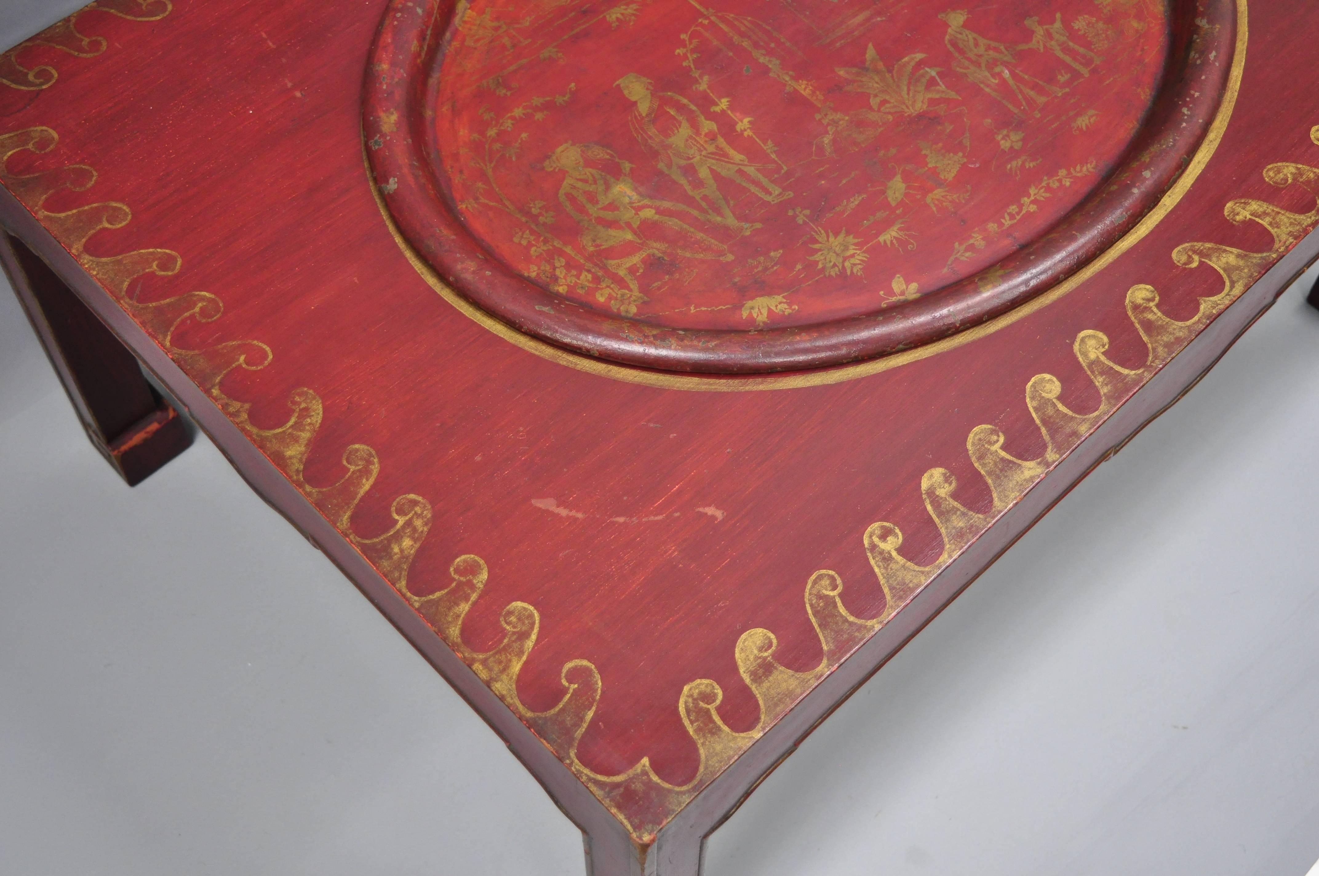 20th Century Red Chinoiserie Oriental Coffee Table with Removable Tole Metal Serving Tray For Sale