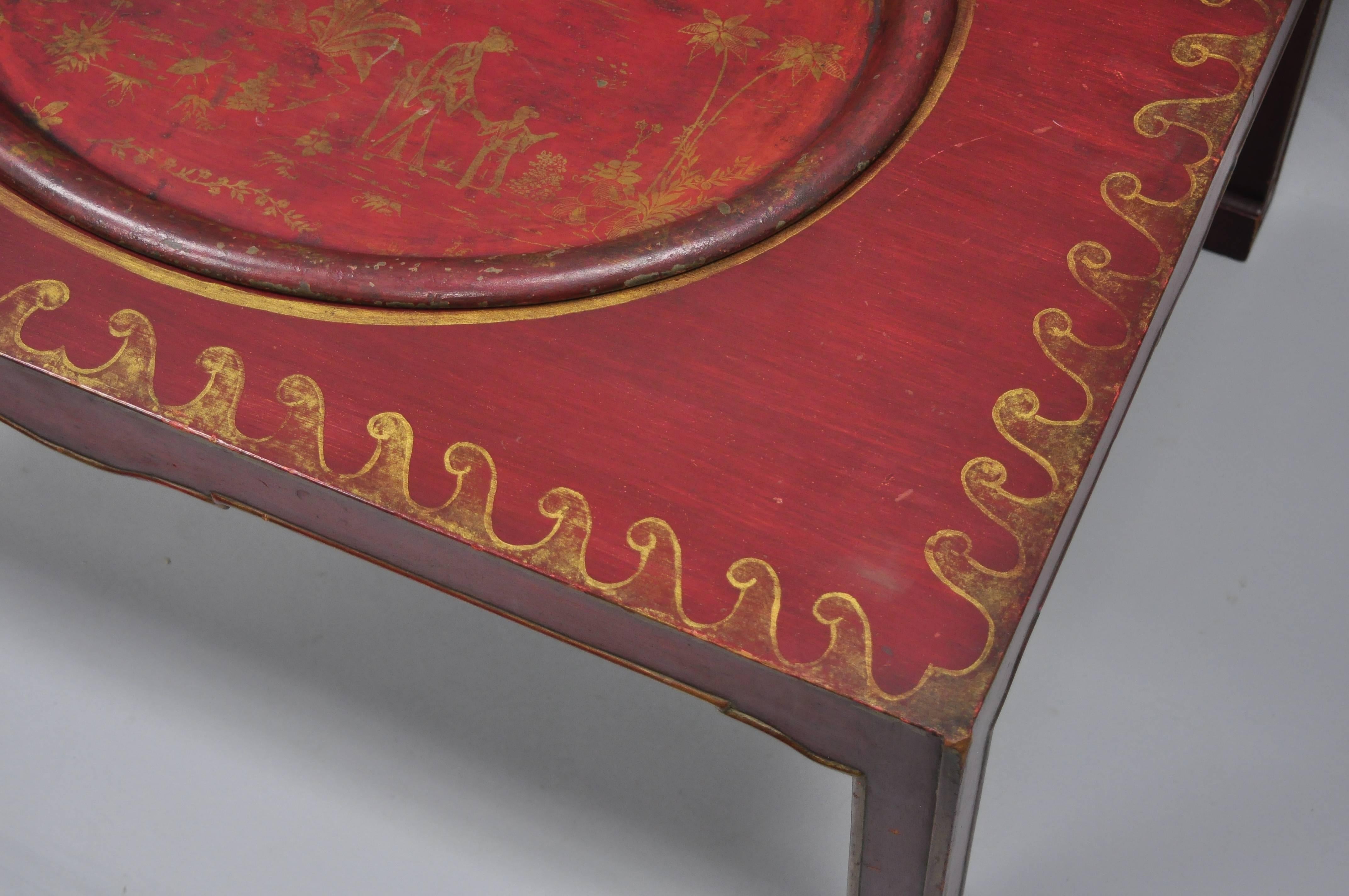 Red Chinoiserie Oriental Coffee Table with Removable Tole Metal Serving Tray For Sale 1