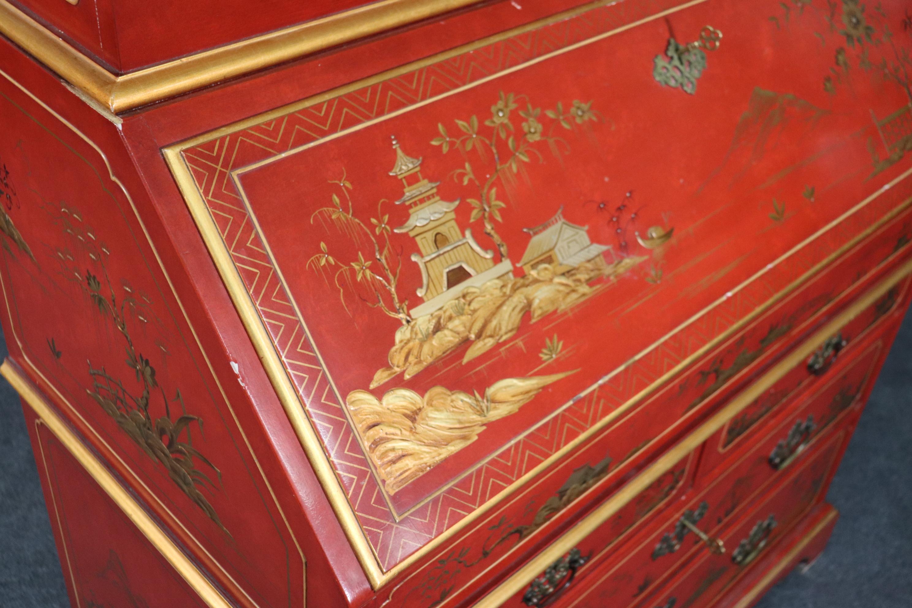 Red Chinoiserie Paint Decorated John Widdicomb Tombstone Mirrored Secretary Desk 8