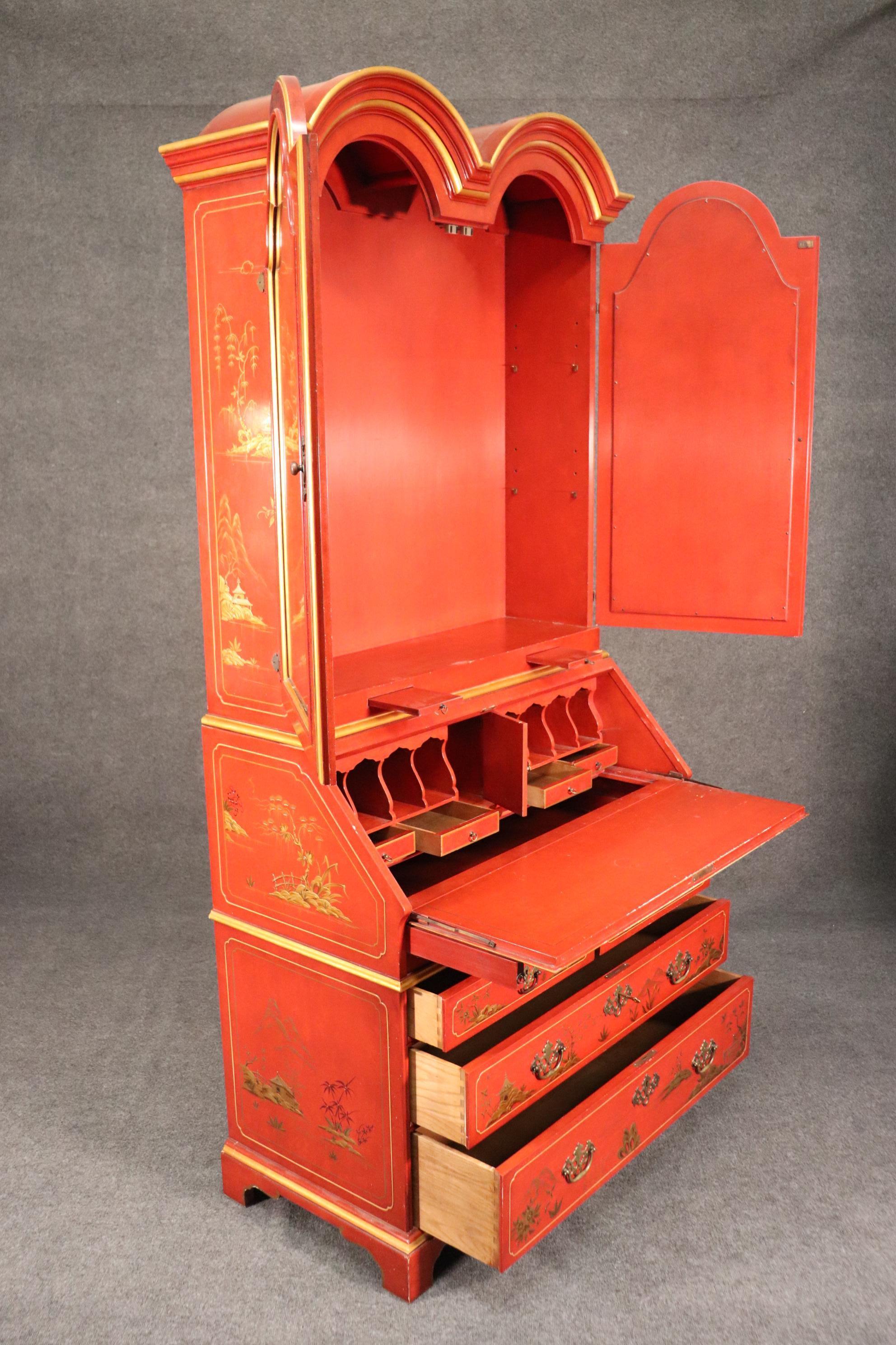 American Red Chinoiserie Paint Decorated John Widdicomb Tombstone Mirrored Secretary Desk