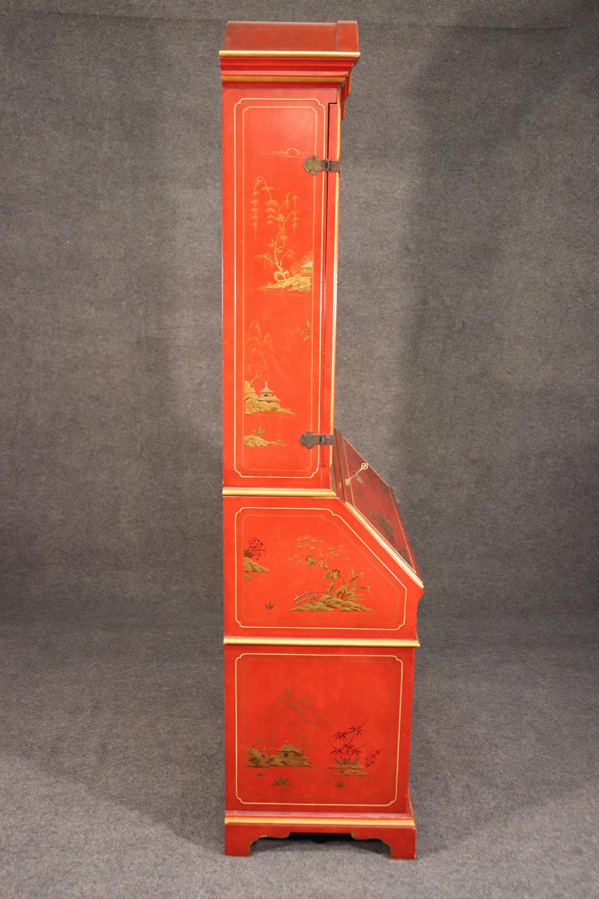 Mid-20th Century Red Chinoiserie Paint Decorated John Widdicomb Tombstone Mirrored Secretary Desk