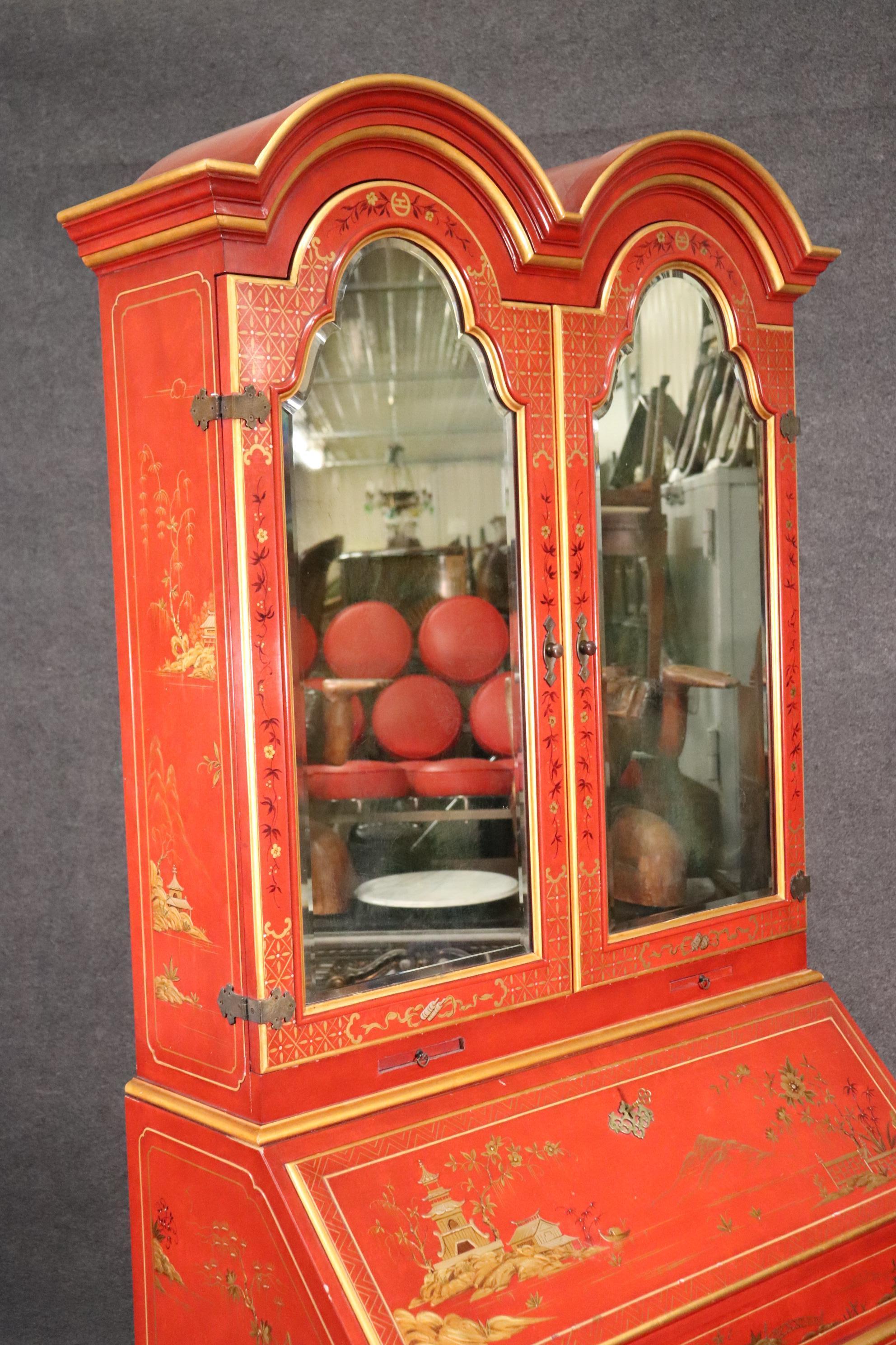 Walnut Red Chinoiserie Paint Decorated John Widdicomb Tombstone Mirrored Secretary Desk