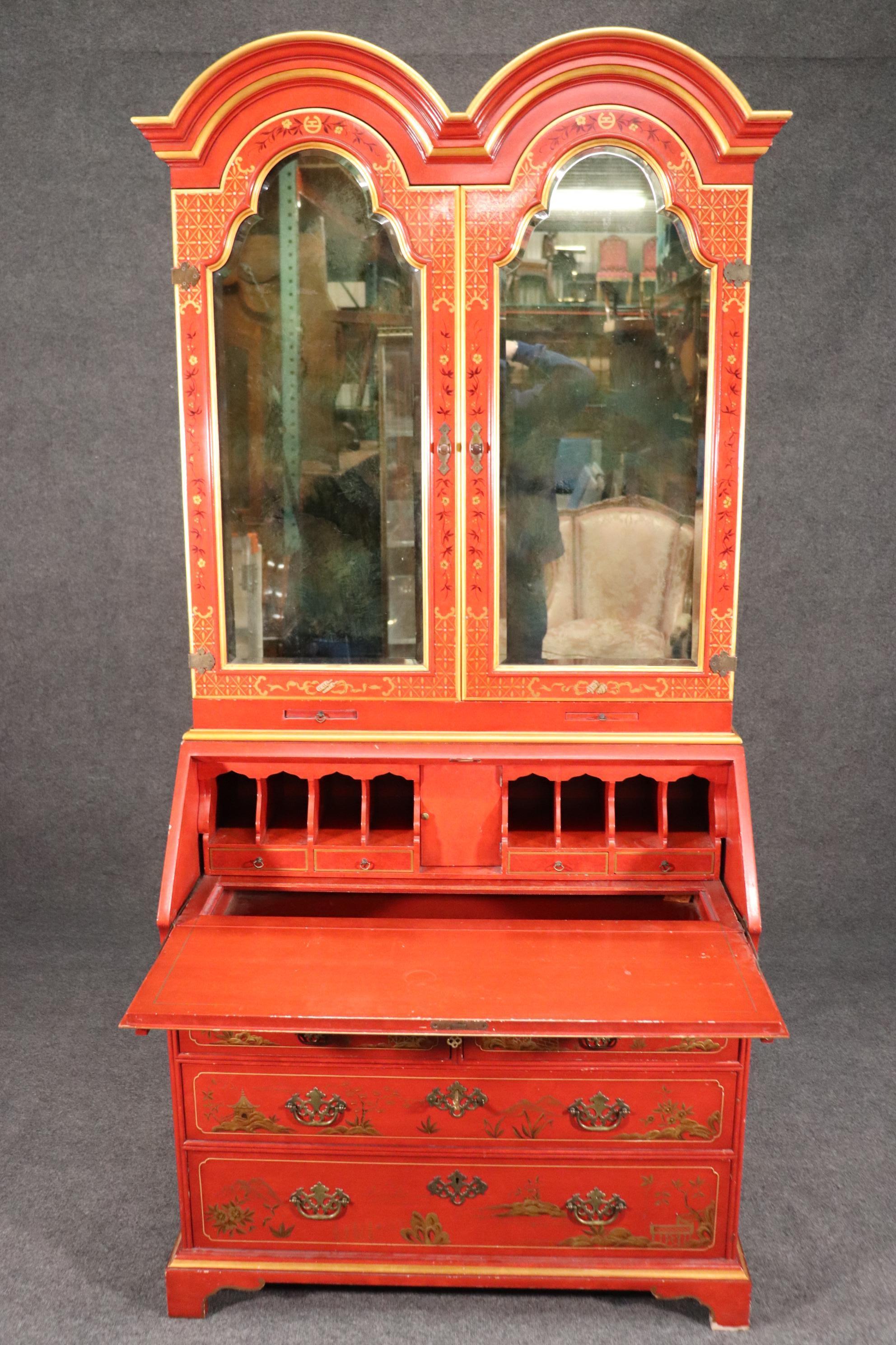 Red Chinoiserie Paint Decorated John Widdicomb Tombstone Mirrored Secretary Desk 1