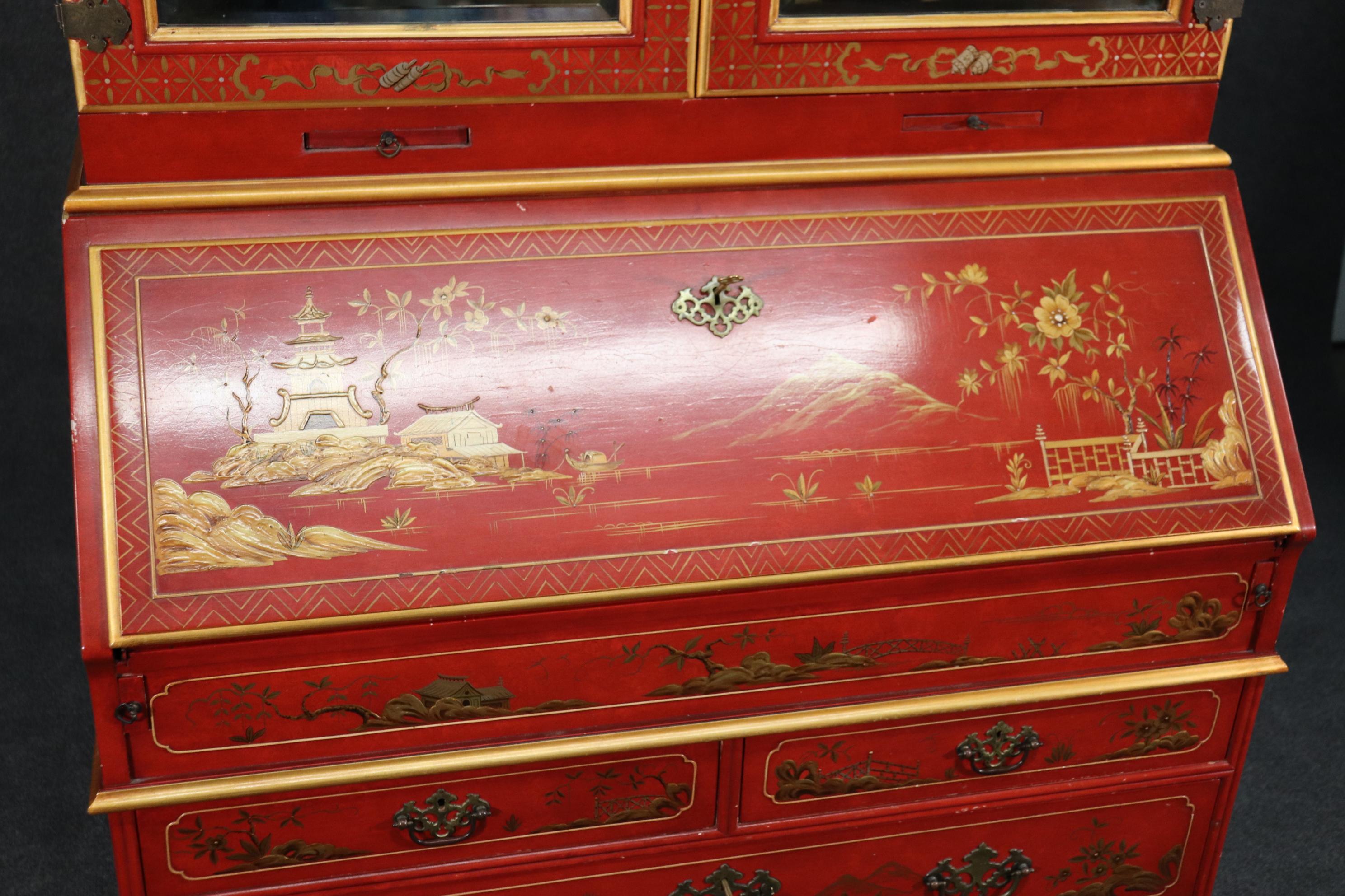 Red Chinoiserie Paint Decorated John Widdicomb Tombstone Mirrored Secretary Desk 2