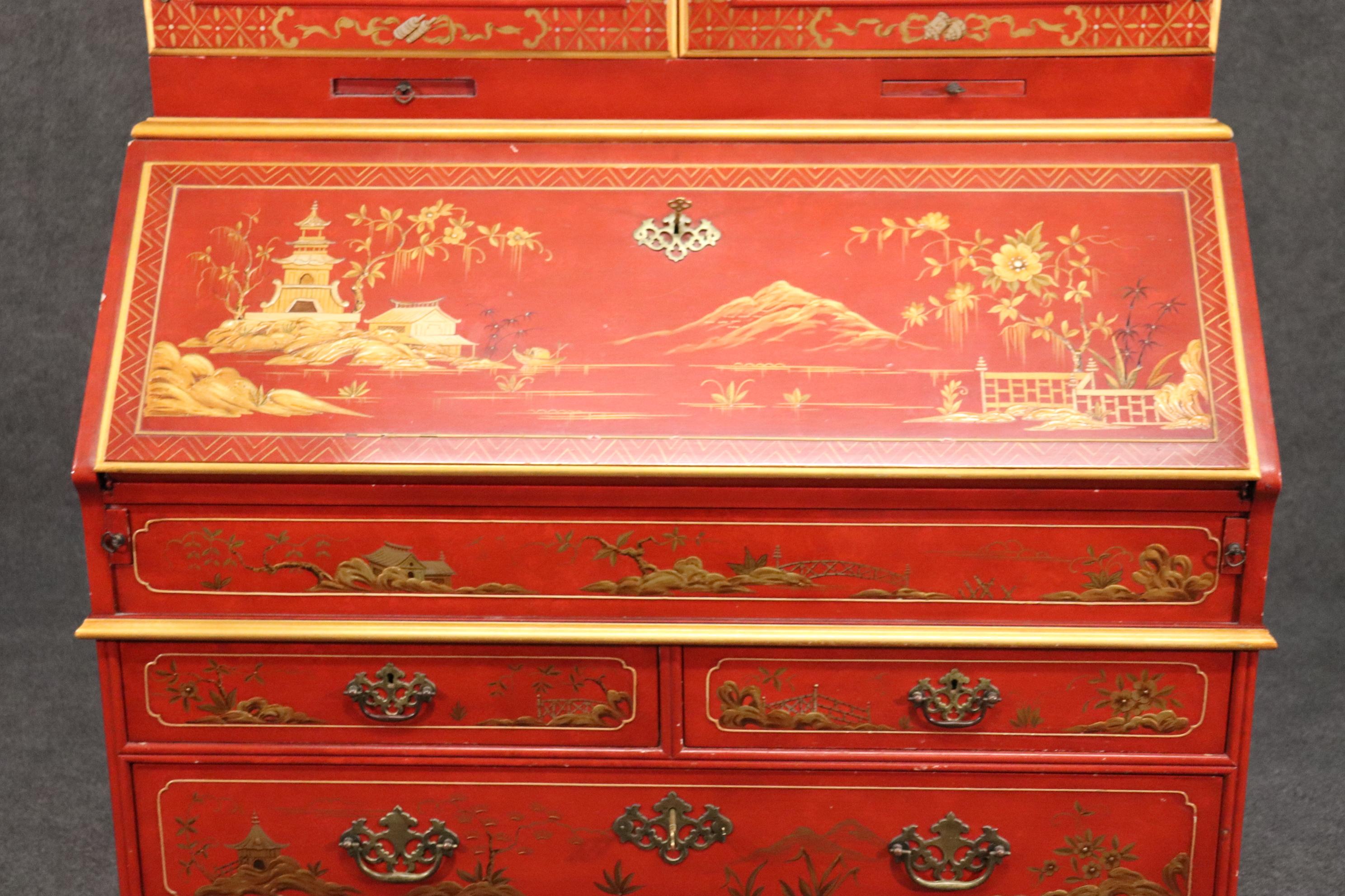 Red Chinoiserie Paint Decorated John Widdicomb Tombstone Mirrored Secretary Desk 3