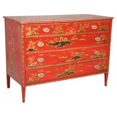 Antique Red Chinoiserie Paint Decorated Sheraton Style Commode Dresser, Circa 1900